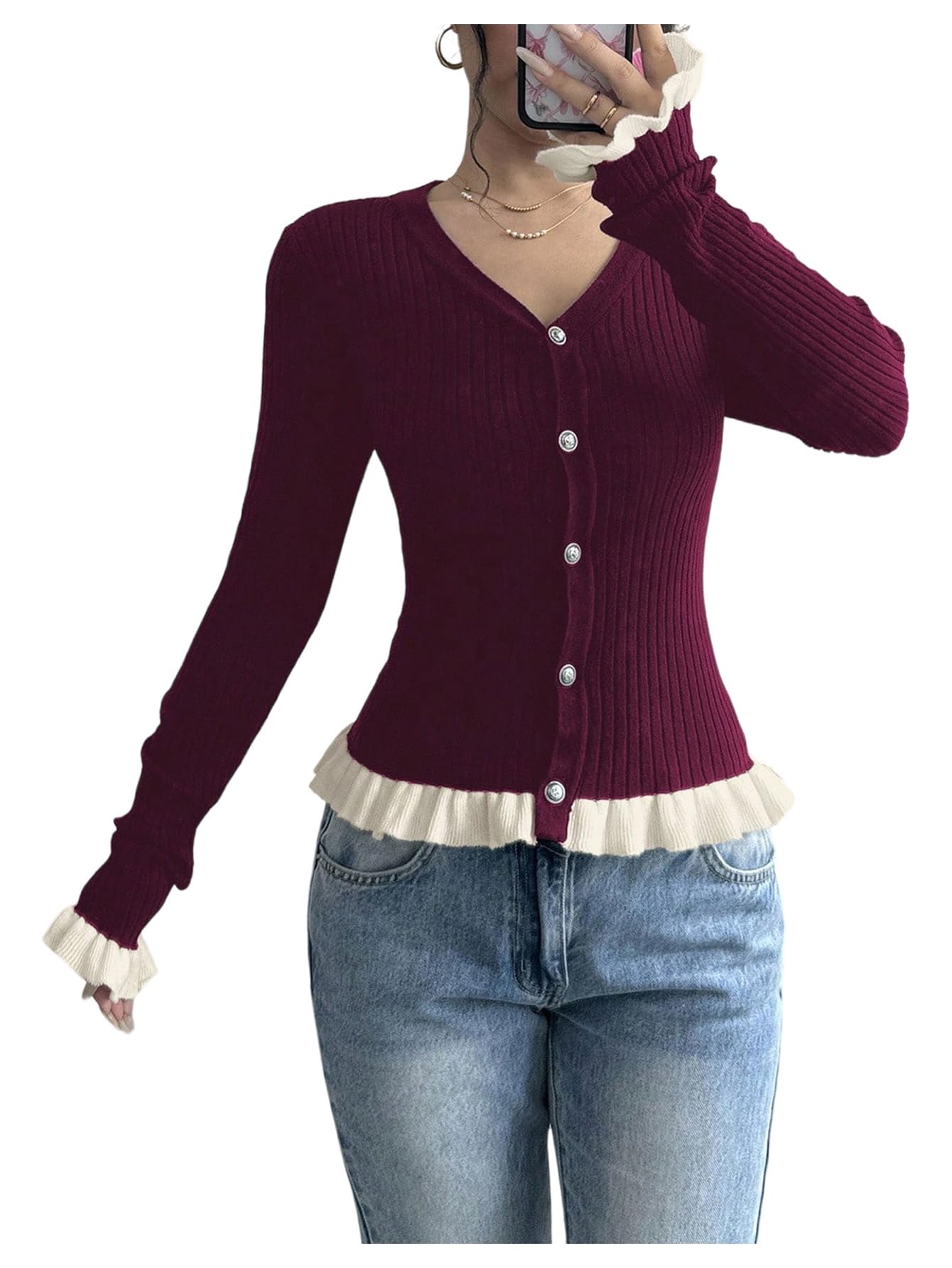 Women's Button Down Sweaters V Neck Blouse Lace Long Sleeve Knit Elegant Sweater
