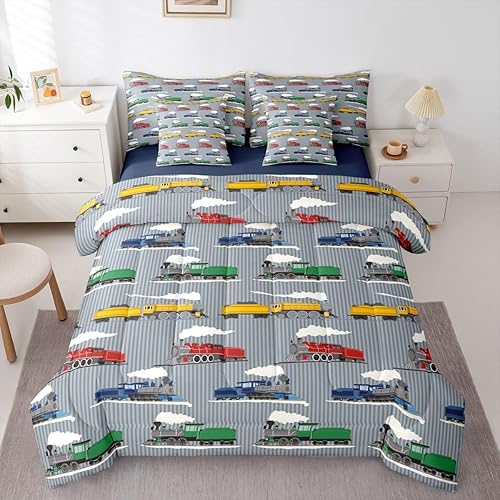 Miniatura 24 de Feelyou Juego de edredón de tren vintage de 7 piezas, diseño retro de motor de vapor para niños y niñas, juego de ropa de cama retro de tren