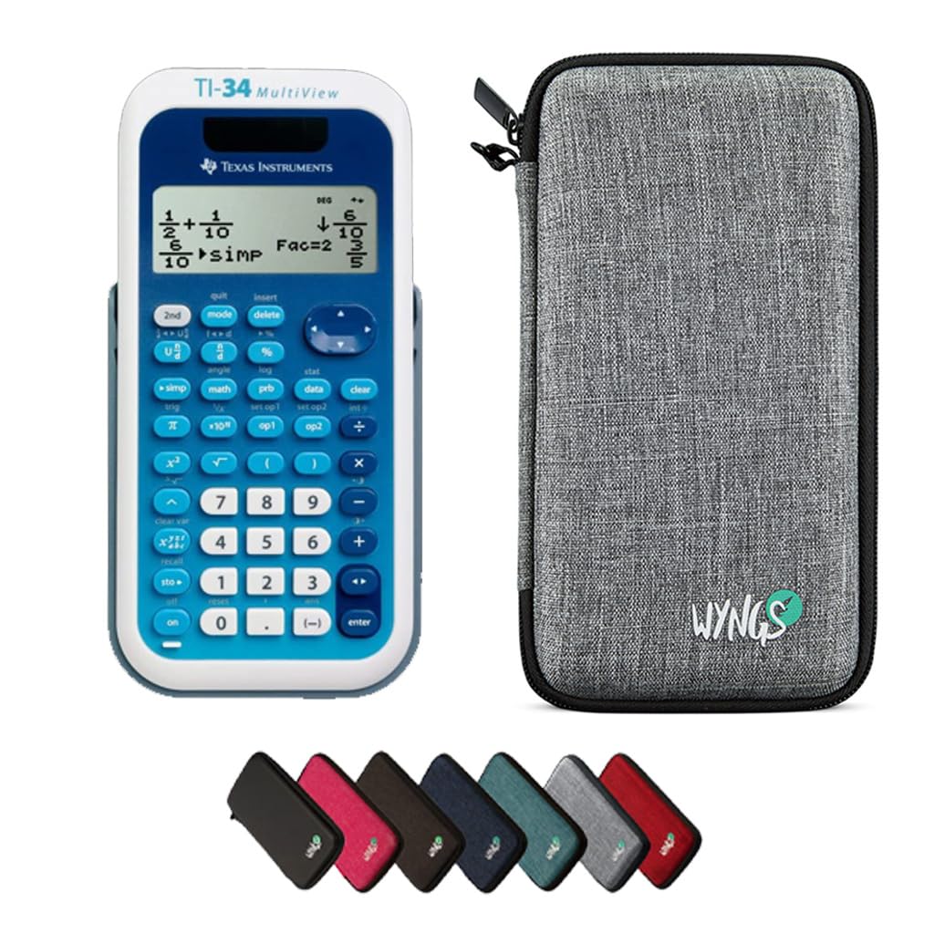 TI-34 MultiView con Funda Protectora WYNGS Gris Claro - Calculadora Científica - Paquete Básico
