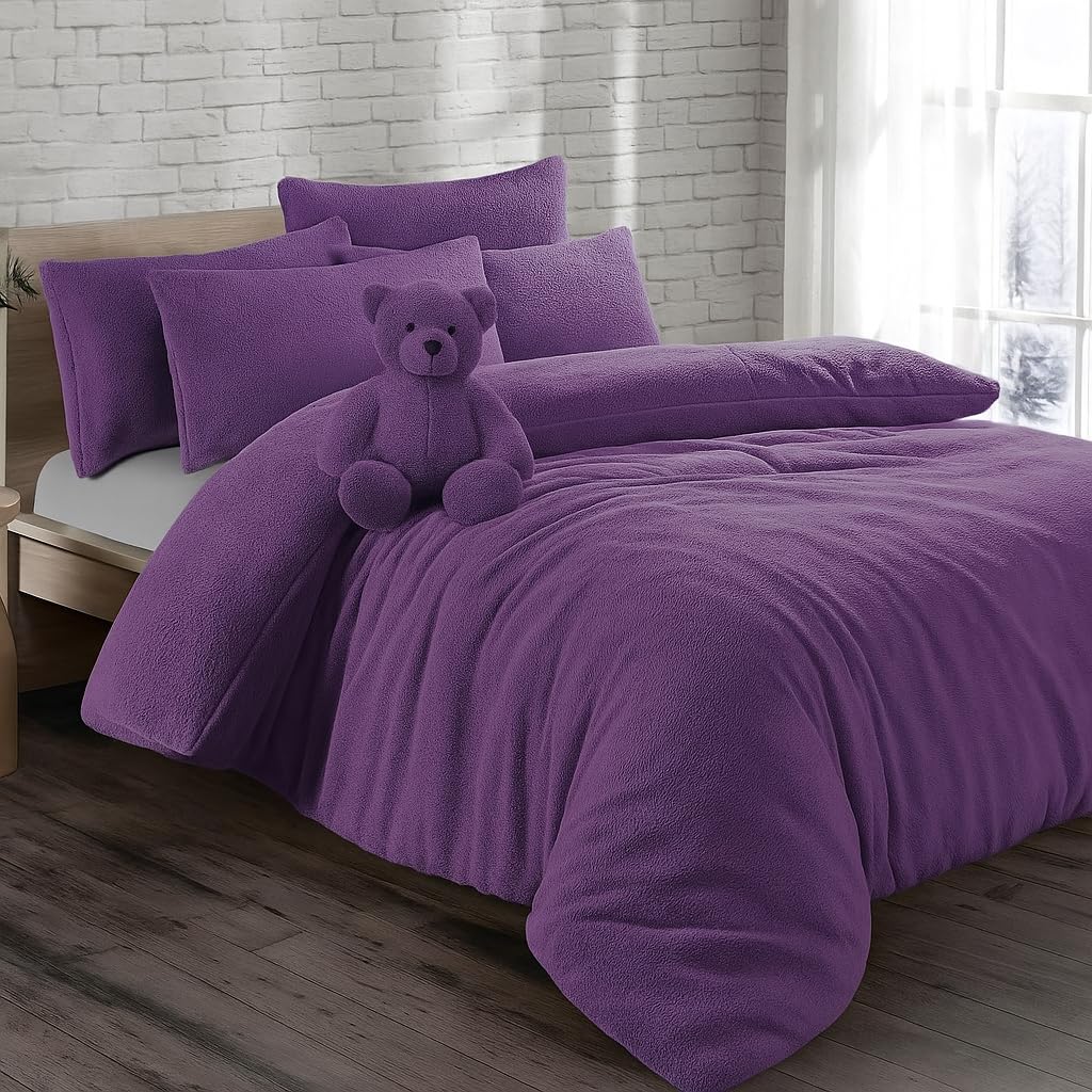 KD HOME EVERYTHING YOU NEED Teddy Bear Fleece Super Soft Fluffy Warm and Cosy Duvet Sets with matching Fitted Sheet and Pillowcases (Purple, Super King Duvet Set + Fitted Sheet)