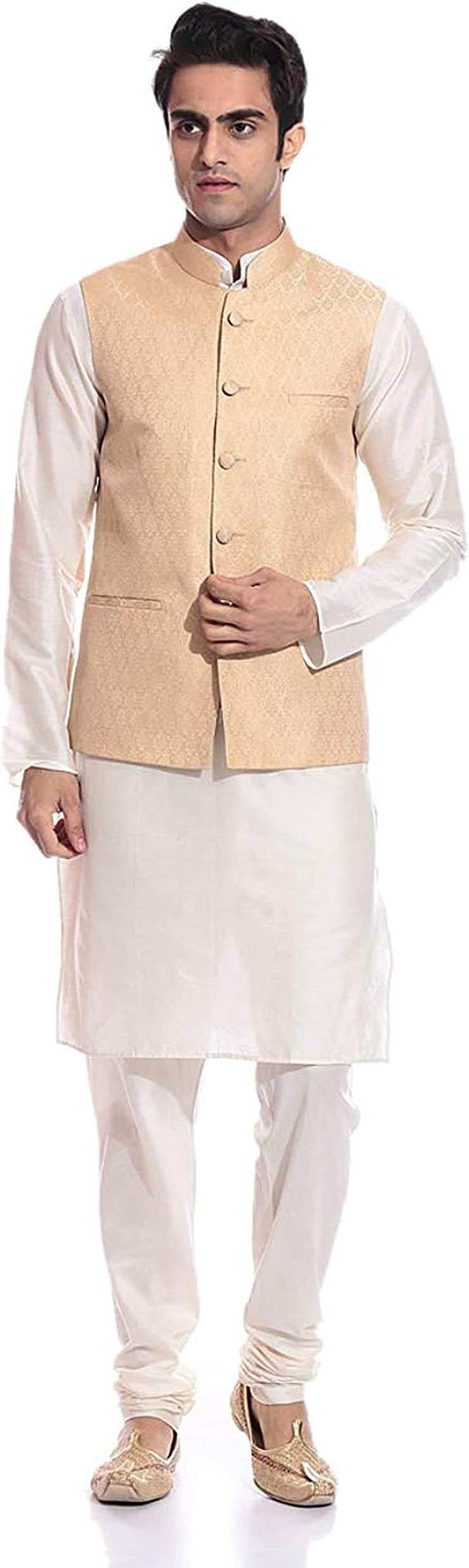 Uri and MacKenzie Men's Silk Blend Regular Kurta Churidar Pyjama with Bundi Nehru Jacket/Waistcoat