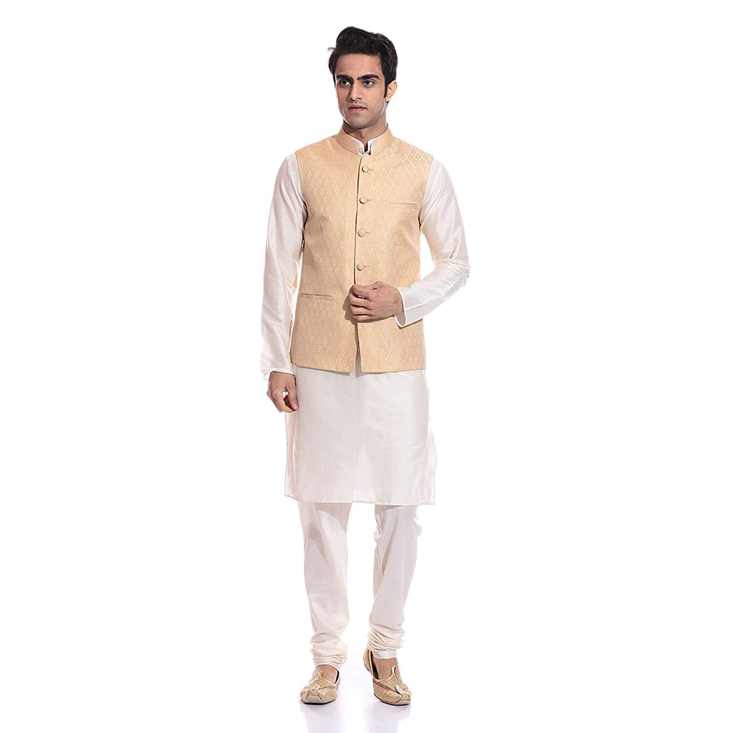 Uri and MacKenzie Men's Silk Blend Regular Kurta Churidar Pyjama with Bundi Nehru Jacket/Waistcoat