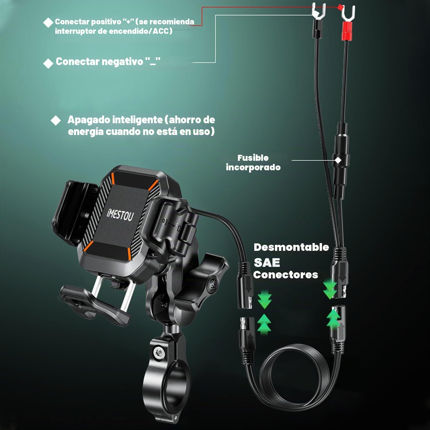 iMESTOU Soporte Inalámbrico USB C para Motocicleta, Antivibración, Bola de 25MM Soporte para Teléfono Qi Adecuado para Teléfonos de 5.2"-7.2" de Grosor hasta 15mm de Grosor para Manillares de 22-32mm