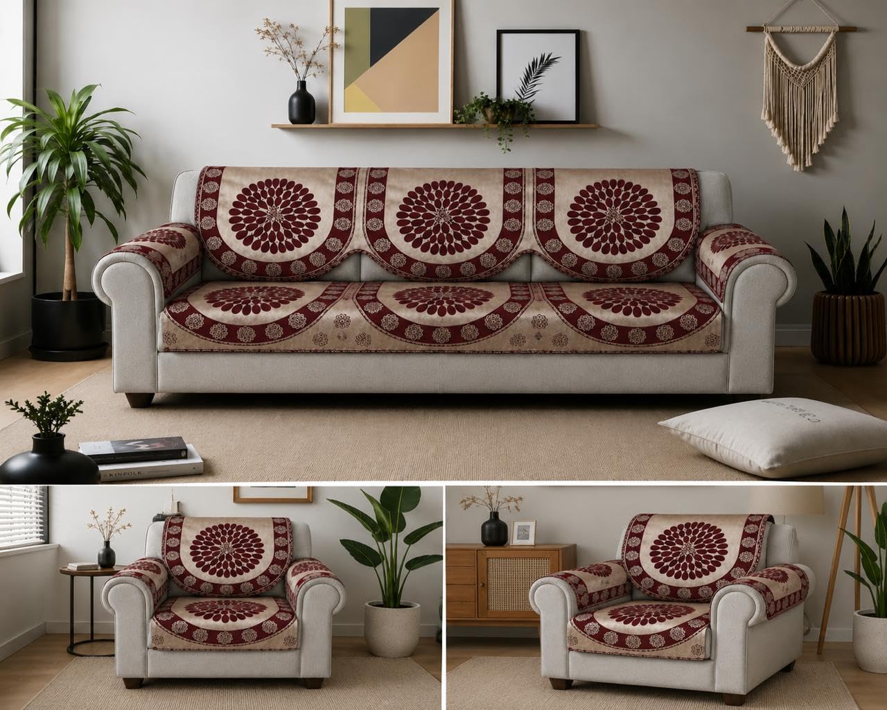 Cotten Sofa Cover Set at Lowest Prize with Heavy Fabric 500 TC Floral Design 5 Seater Sofa Cover (Maroon 1)-picture-14