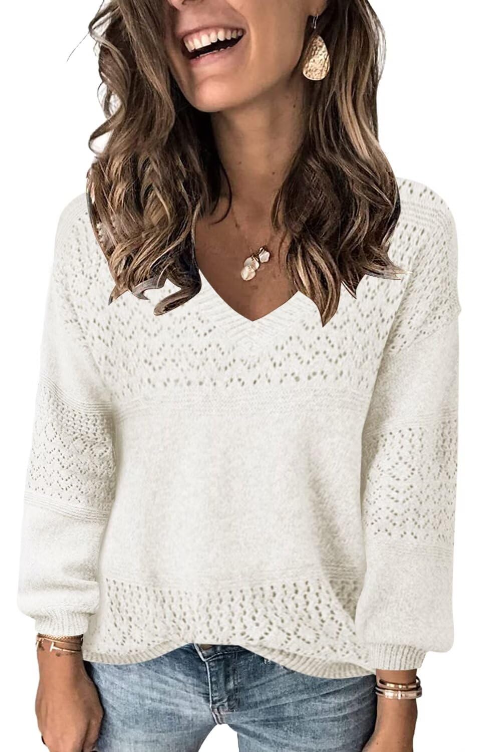 JOCAFIYE Womens Sweaters Casual Long Sleeve V Neck Pullover Sweater Tops