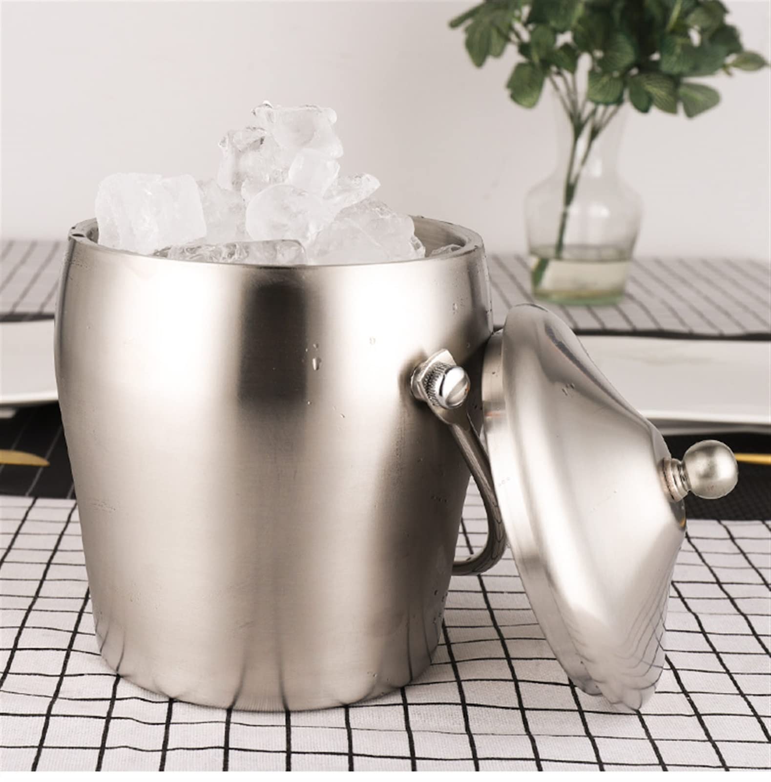 Cubiteras Cubo de Hielo de Doble Capa de Acero Inoxidable Cubo de Aislamiento portátil escarchado con Cubierta for Barra de Casas, Cerveza fría y Vino Cubo de Hielo térmico (Size : Small)
