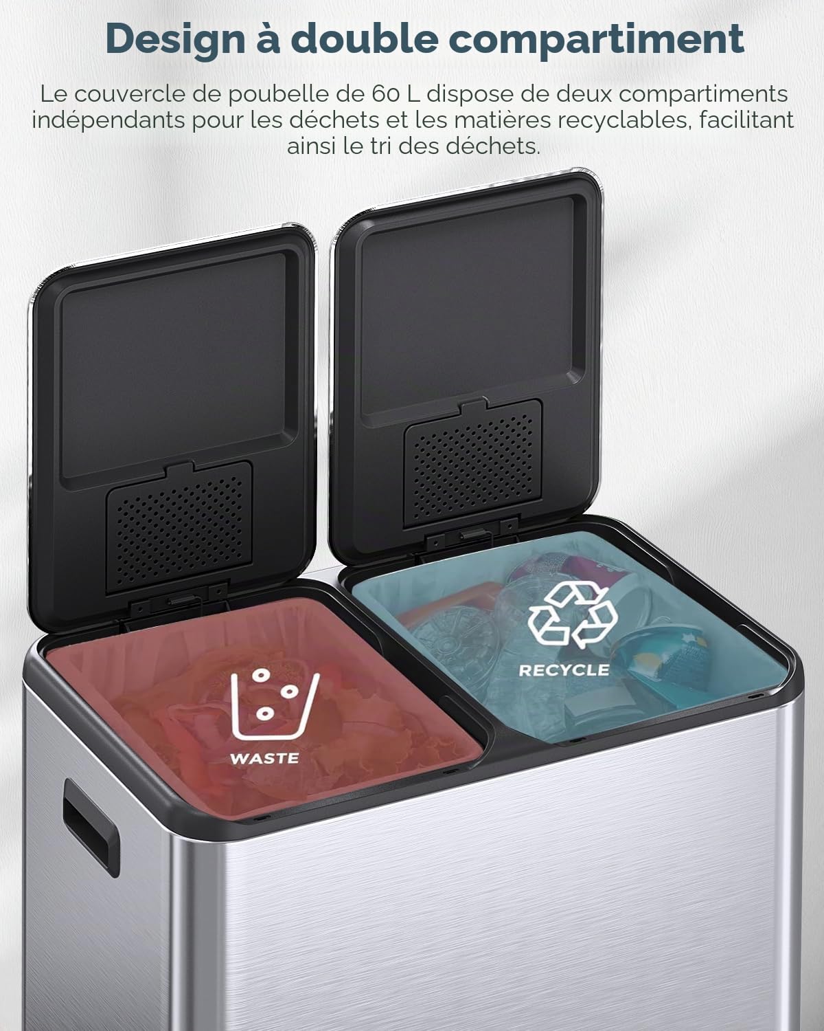 LIFERUN Poubelle à 2 compartiments, 2 x 30 l, à pédale, avec filtre anti-odeur, couvercle silencieux, seau intérieur en plastique, système de tri des déchets, double poubelle en métal, pour cuisine