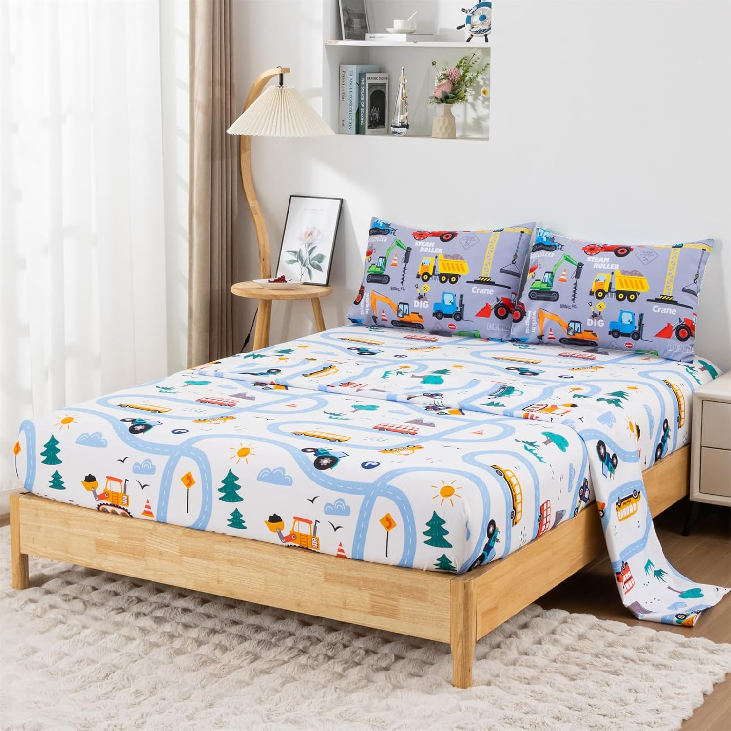 Holawakaka Trucks Tractors Cars Boy Bedding Comforter Set with Sheets, Twin Size Cartoon Construction Car Excavator Print Kids Bed in A Bag 5-Piece, Boys Reversible Dorm Bed Sets (Red Twin) - Image 5