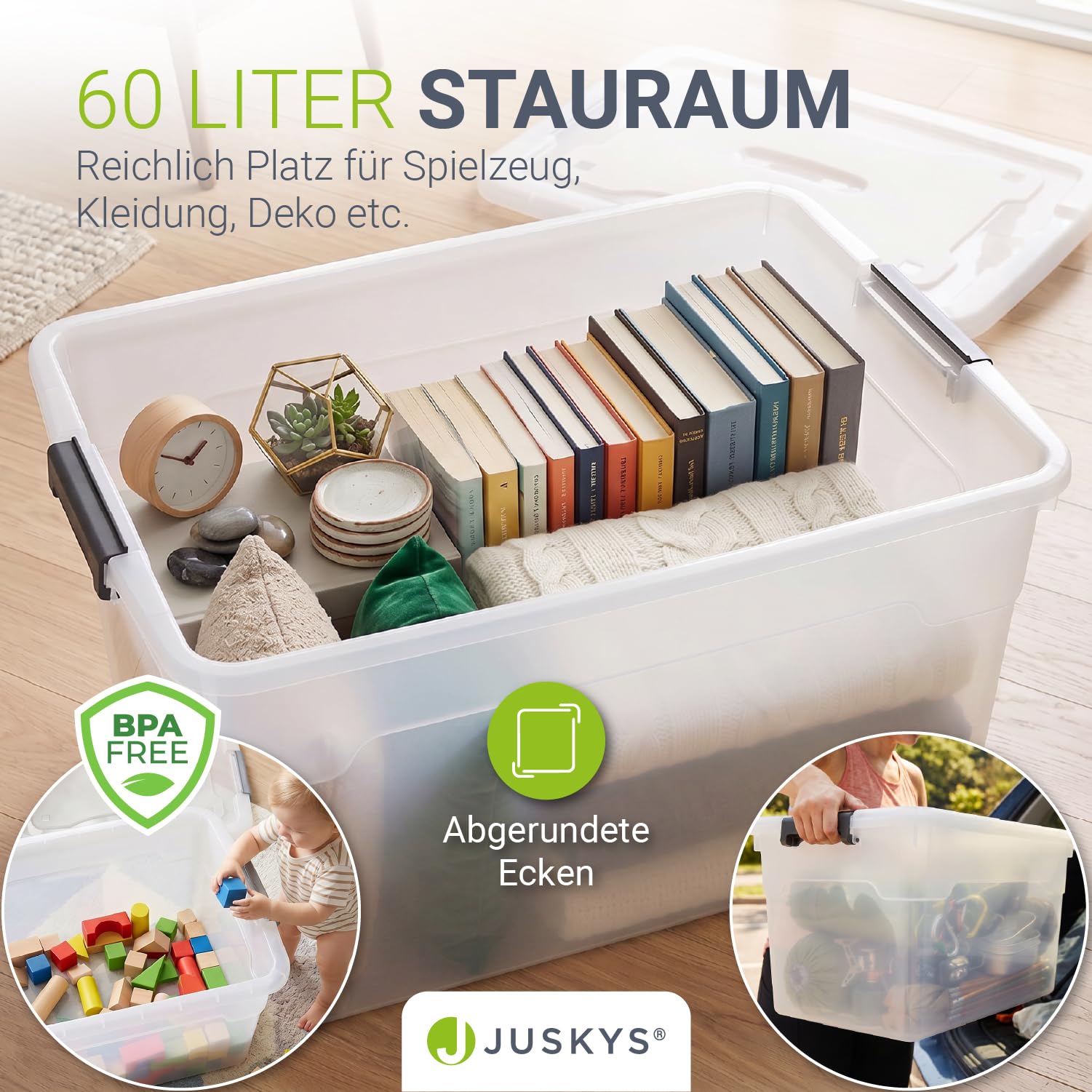 Juskys Aufbewahrungsbox mit Deckel - 6er Set Kunststoff Boxen 60l - Box groß, stapelbar, transparent - Aufbewahrung Ordnungssystem Aufbewahrungsboxen
