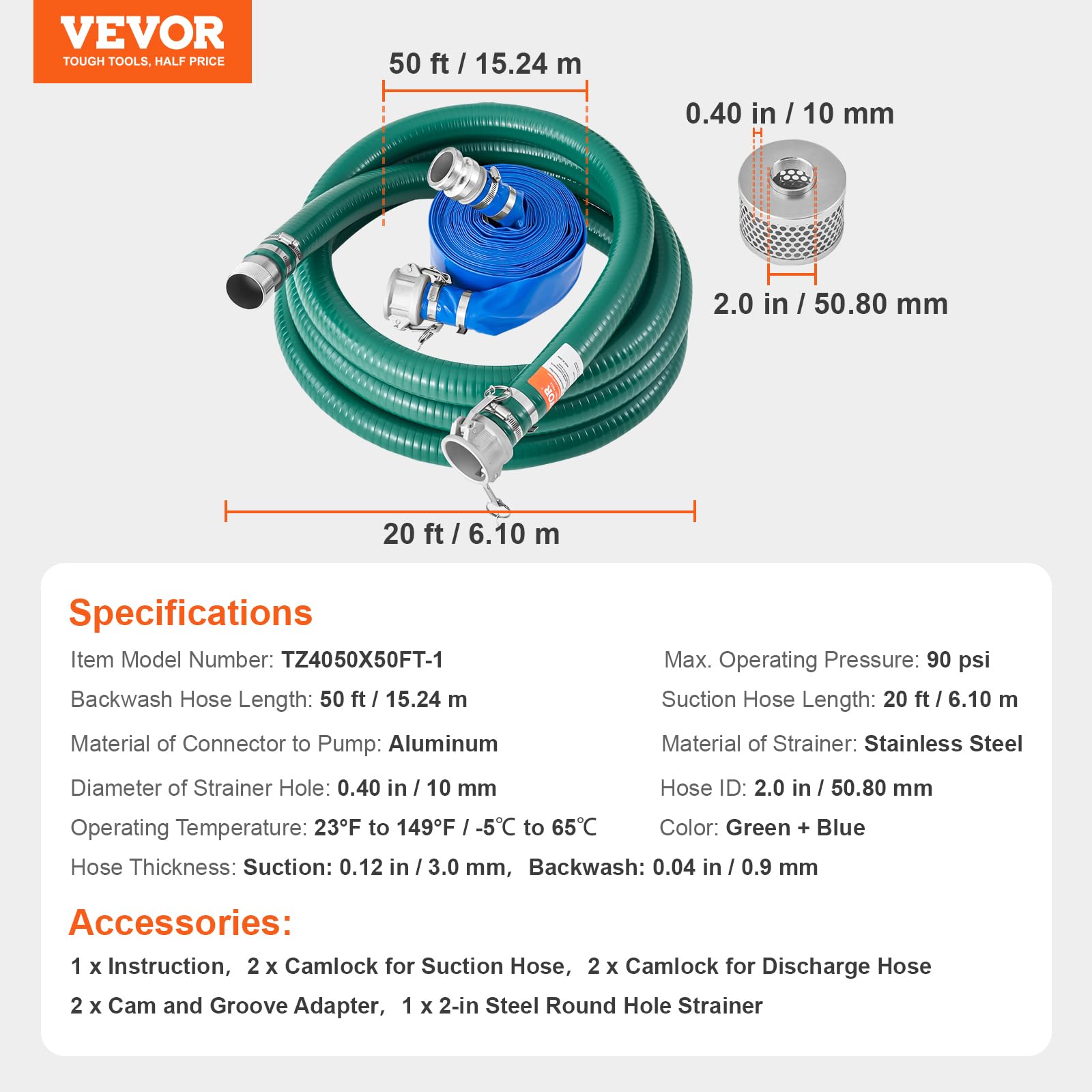 VEVOR Kit de Manguera de Succión para Bomba con Manguera de Retrolavado Azul de 50,80mmx15,24m, Manguera de Succión Verde de 6,1 m y Filtro de Orificio Redondo de Acero, Levas, Abrazaderas, Adaptador