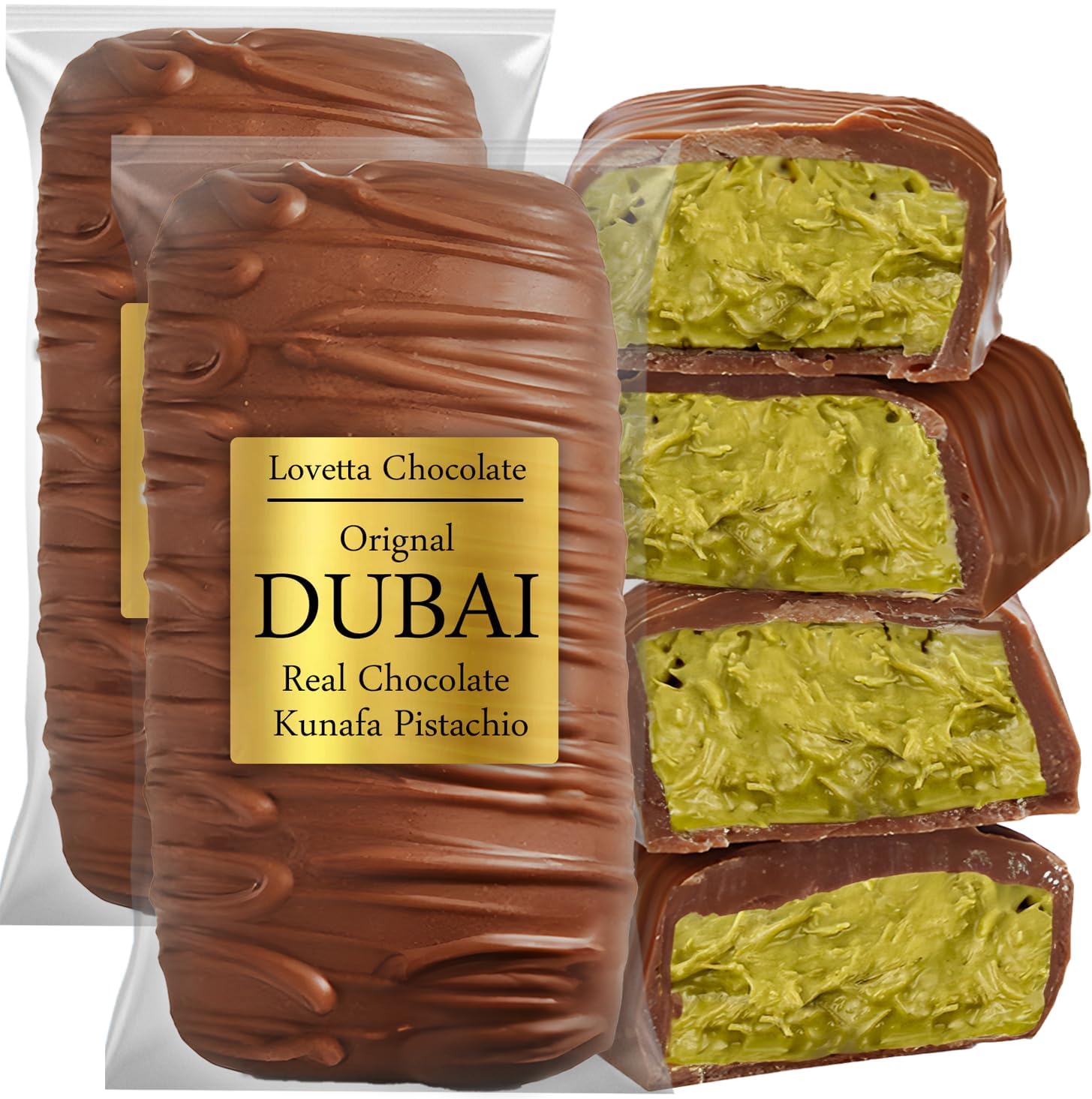 Lovetta Dubai Milk Chocolate Bar Pistachio Knafeh - Luxury Rich Chocolate, Individually Wrapped Fresh, Premium Pistachio Cream Katafi Filling (2 Pack)