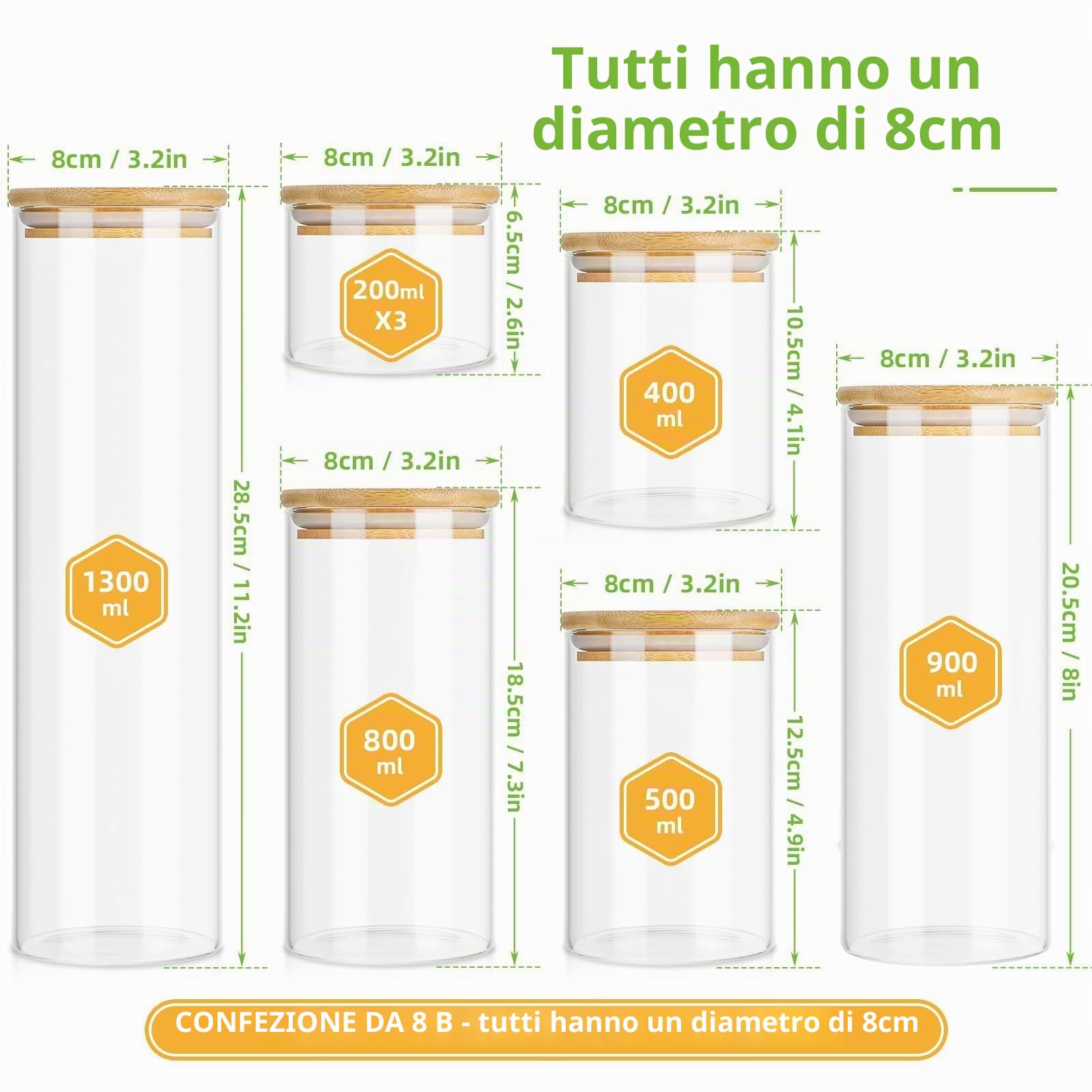 Lannvan Barattoli Vetro con Coperchio, Set di 8 Barattoli Cucina Vetro Ermetico, Contenitore Vetro con Coperchio