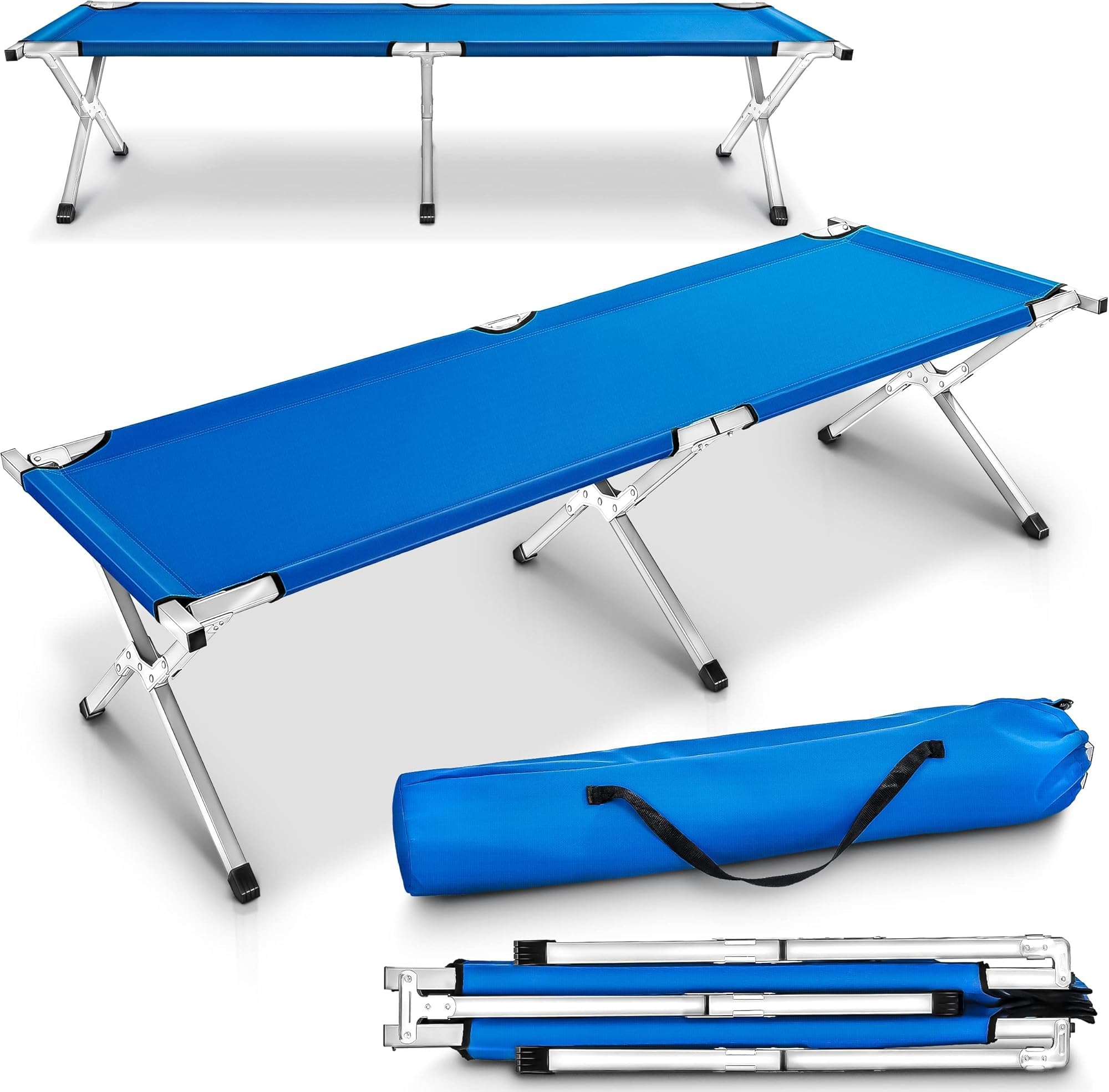 Klappbett (190 x 64 x 42 cm), Belastbar Bis 200 kg, Feldbett klappbar aus Stahlrohr und 600D Oxford-Gewebe, XL Feldbett mit Transporttasche für Camping, Garten, Büro und Reisen (Blau)