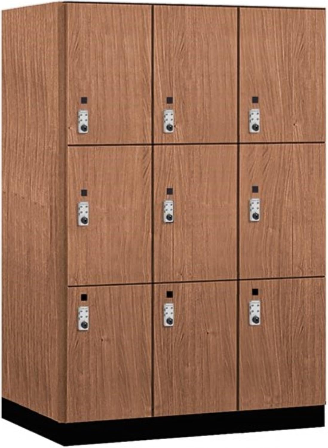 Salsbury 18" Wide Premier Wood Locker-Triple Tier-3 Wide-6 Feet High-24 Deep-Red Oak-Silver Resettable Combination Locks