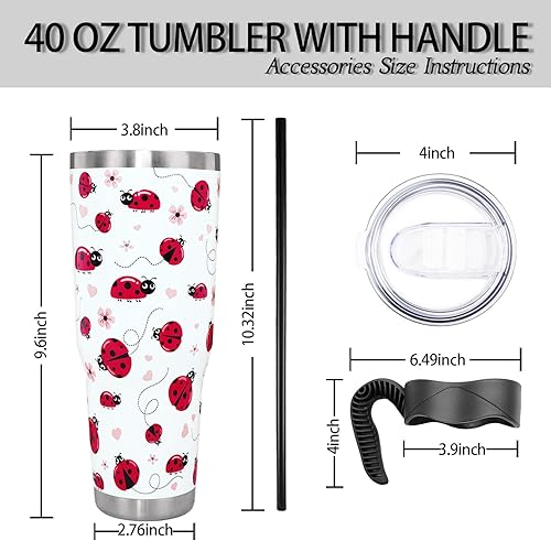 Miniatura 4 de Ladybug - Vaso de 40 onzas con asa y pajilla, lindo vaso grande de acero inoxidable aislado al vacío, taza de agua para café helado, taza de viaje,