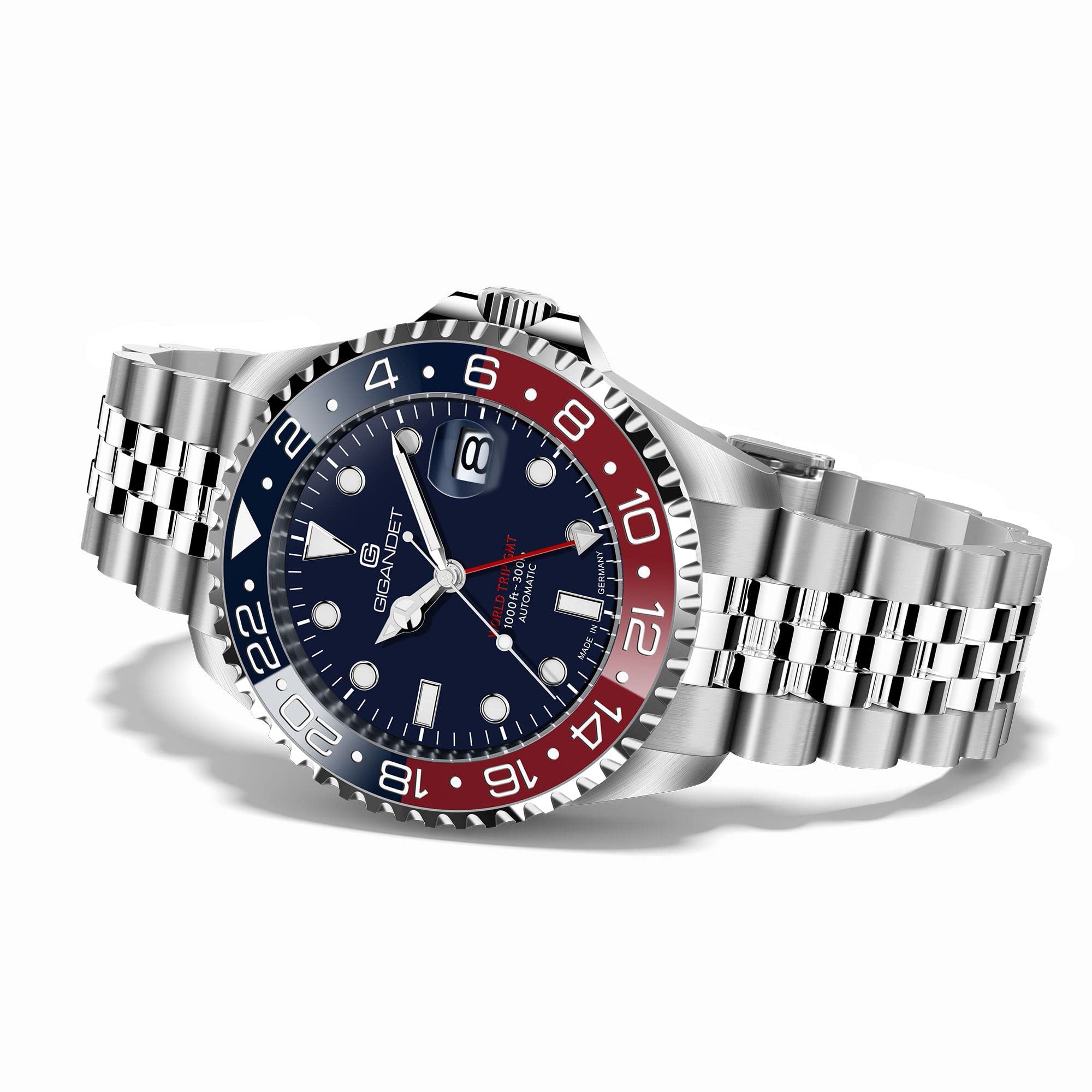 Gigandet Herren-Automatikuhr World Trip GMT - Made in Germany - Swiss Made Automatikuhrwerk SW330-2 - Keramiklünette Saphirglas Super Luminova - Verschraubtes Edelstahlarmband 300m/30bar G1000-009M-C