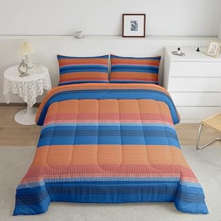 jejeloiu Orange Blue Stripes Bedding Set Geometric Comforter Set for Kids Boys Girls Teens Room Decorations Geometry Comforter Queen Size Patchwork Striped Duvet Set 3Pcs