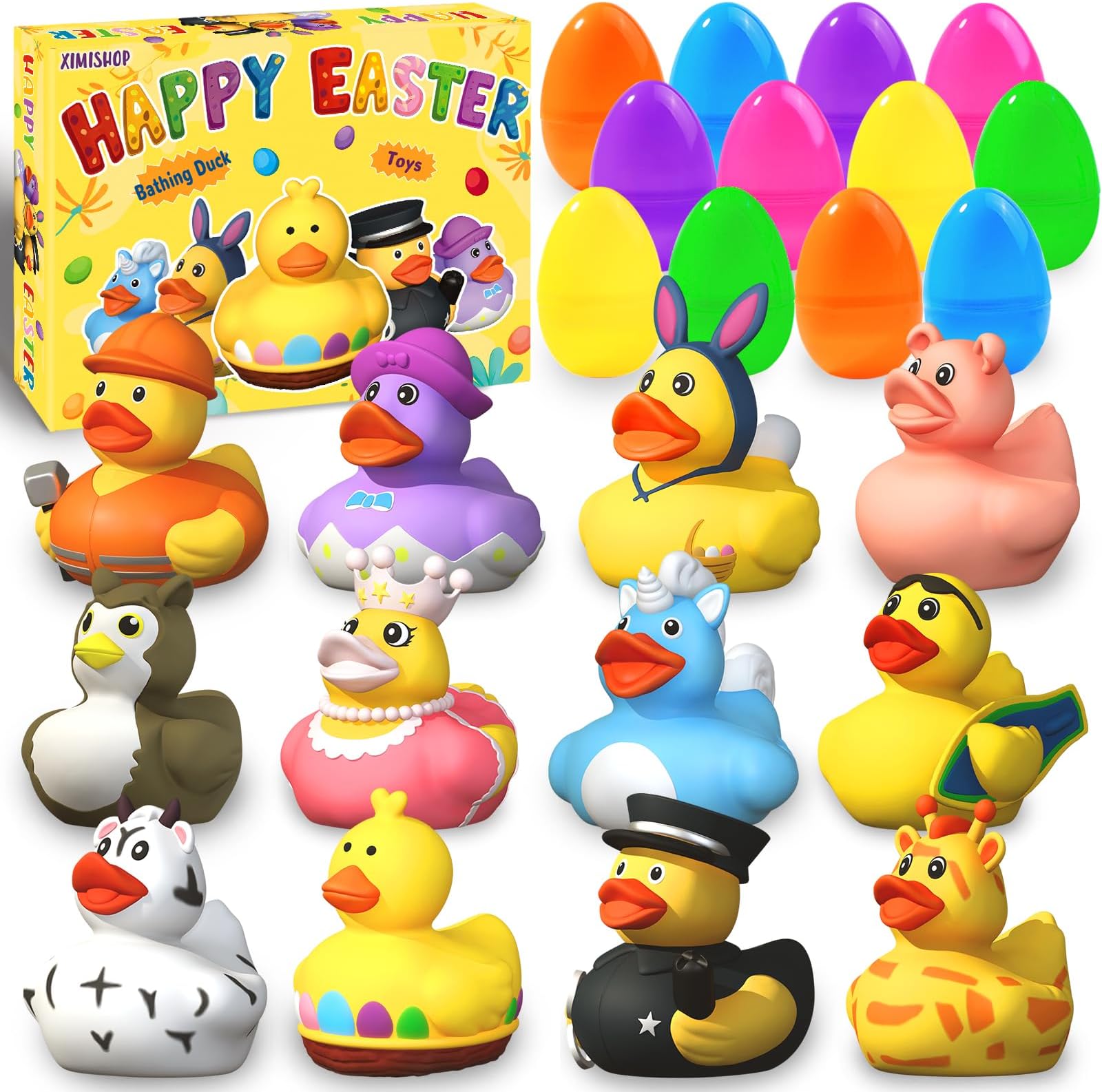 XIMISHOP 12 PCS Filled Easter Eggs with Rubber Bath Ducks，Cute Yellow Easter Bath Ducks Easter Rabbit Duckies for Colorful Egg Hunt Basket Fillers Kids Bath Tub Toys