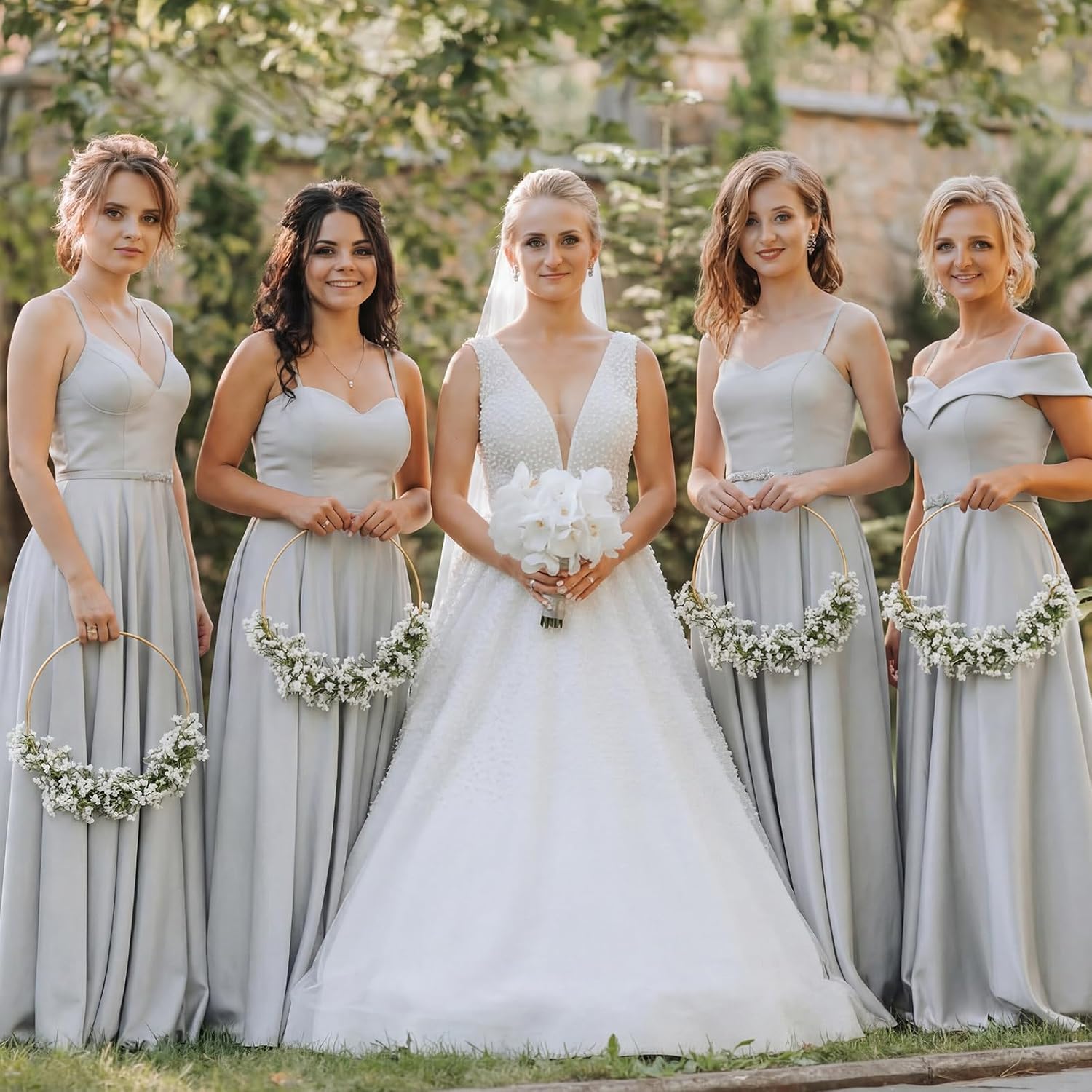 6 Pcs Wedding Floral Hoop Wreath Bridesmaid Bouquet Artificial Babys Breath Flower Wreath for Bridesmaids Wedding Party Decoration(White)