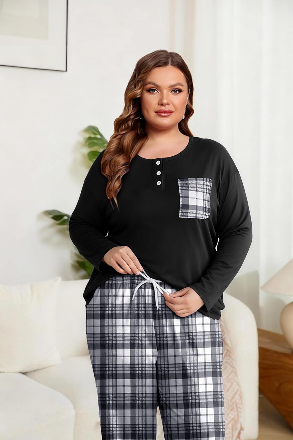 FLYCURVY Women's Pajama Sets 2 Piece Long Sleeve Sleepwear Soft Pj Set Loungewear Plaid Pjs with Pockets - Image 5
