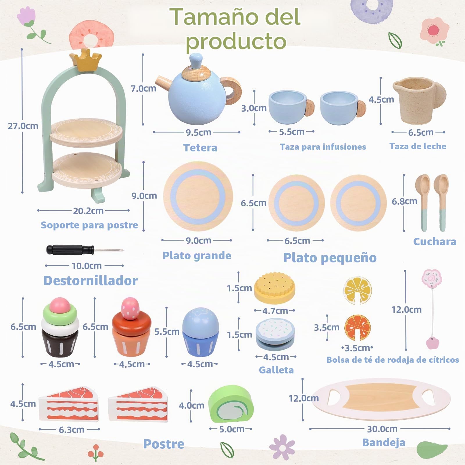 Juego de Té de Madera para Niñas, 30Pcs con Postre Comida y Tetera, Juguetes de Cocina para Juegos de rol, Regalo Infantil para Niña 3 4 5 6 7 Años