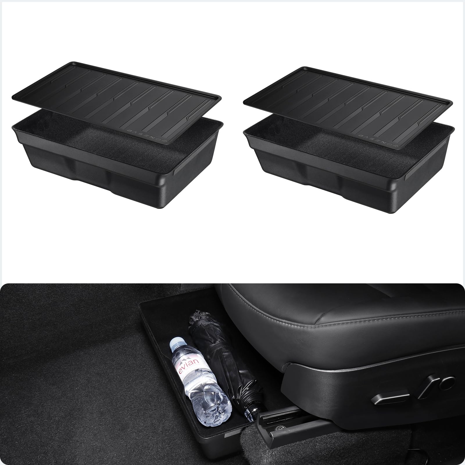 BASENOR 2Pack 2020-2024 Tesla Model Y Under Seat Storage Box, Waterproof Hidden Storage Underseat Organizer with Lid Cover Tray for Model Y Accessories