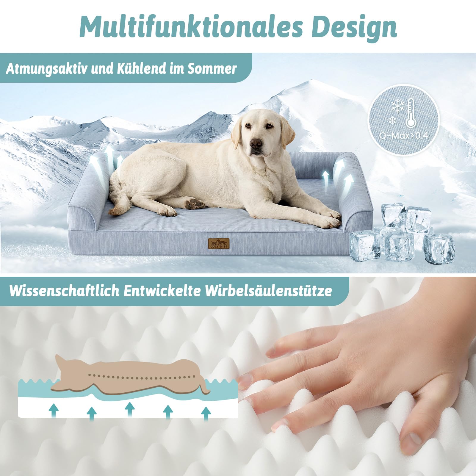 COZY KISS Kühlende Orthopädisches Hundebett für Große Hunde 107x76x18cm - Q-Max>0.4 Sommer Ergonomische Hundesofa mit abnehmbarem und waschbarem Bezug & Eierkisten-Schaumstoff, Hellblau