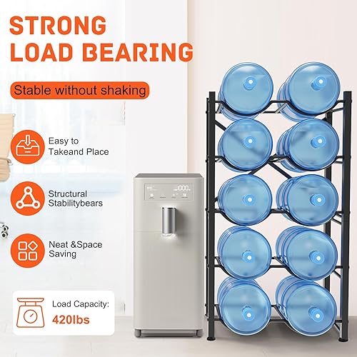 Miniatura 4 de Soporte para botella de agua de 5 galones para 10 botellas, soporte para jarra de agua de doble fila de 5 niveles, soporte desmontable para jarra de