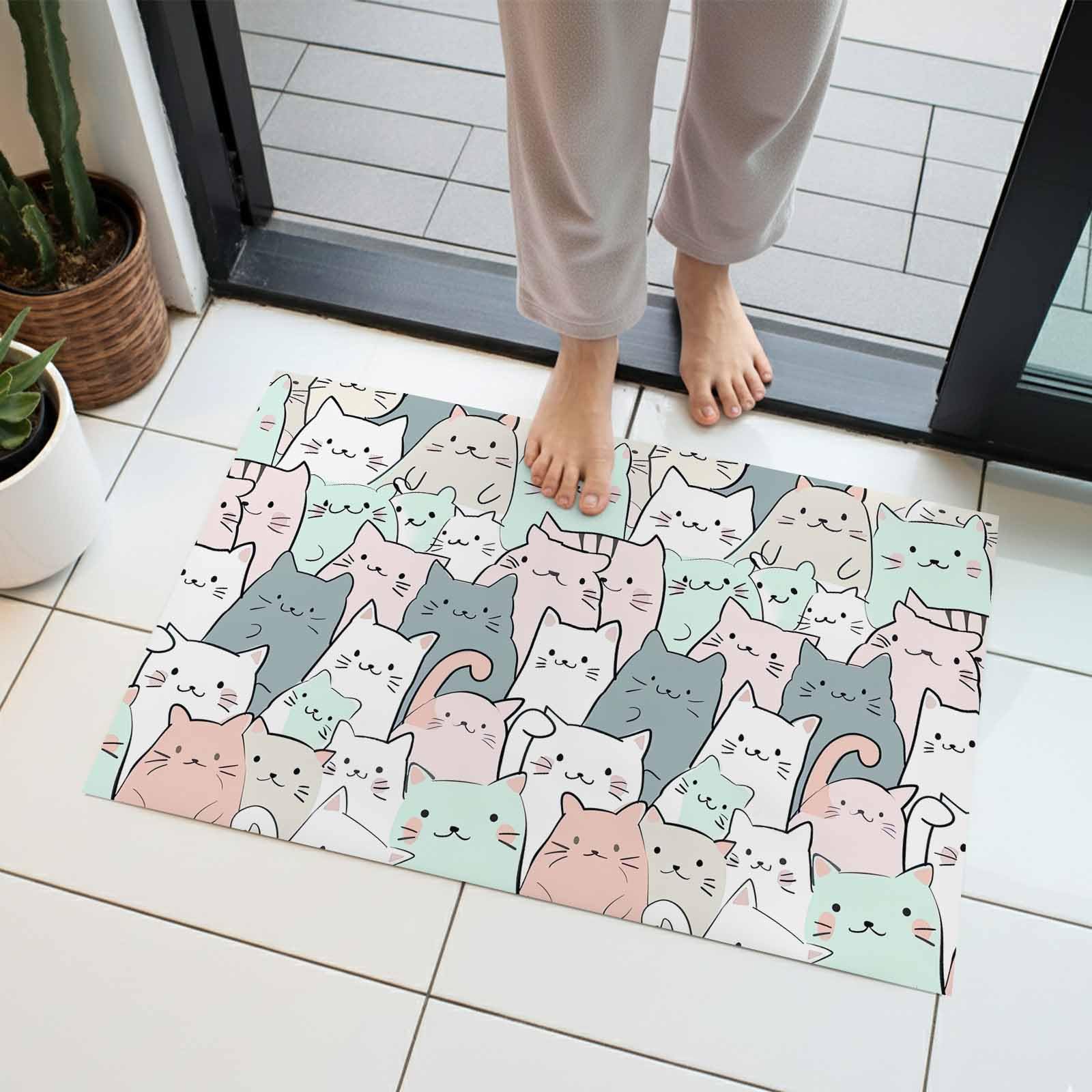 Welcome Doormat Non-Slip Bath Rugs 18x30in, Cute Cat Cartoon Animal Indoor Floor Door Mat Kitchen Rugs Funny Colorful Kittens Water Absorption Bathroom Carpet Home Decor Entrance Mat