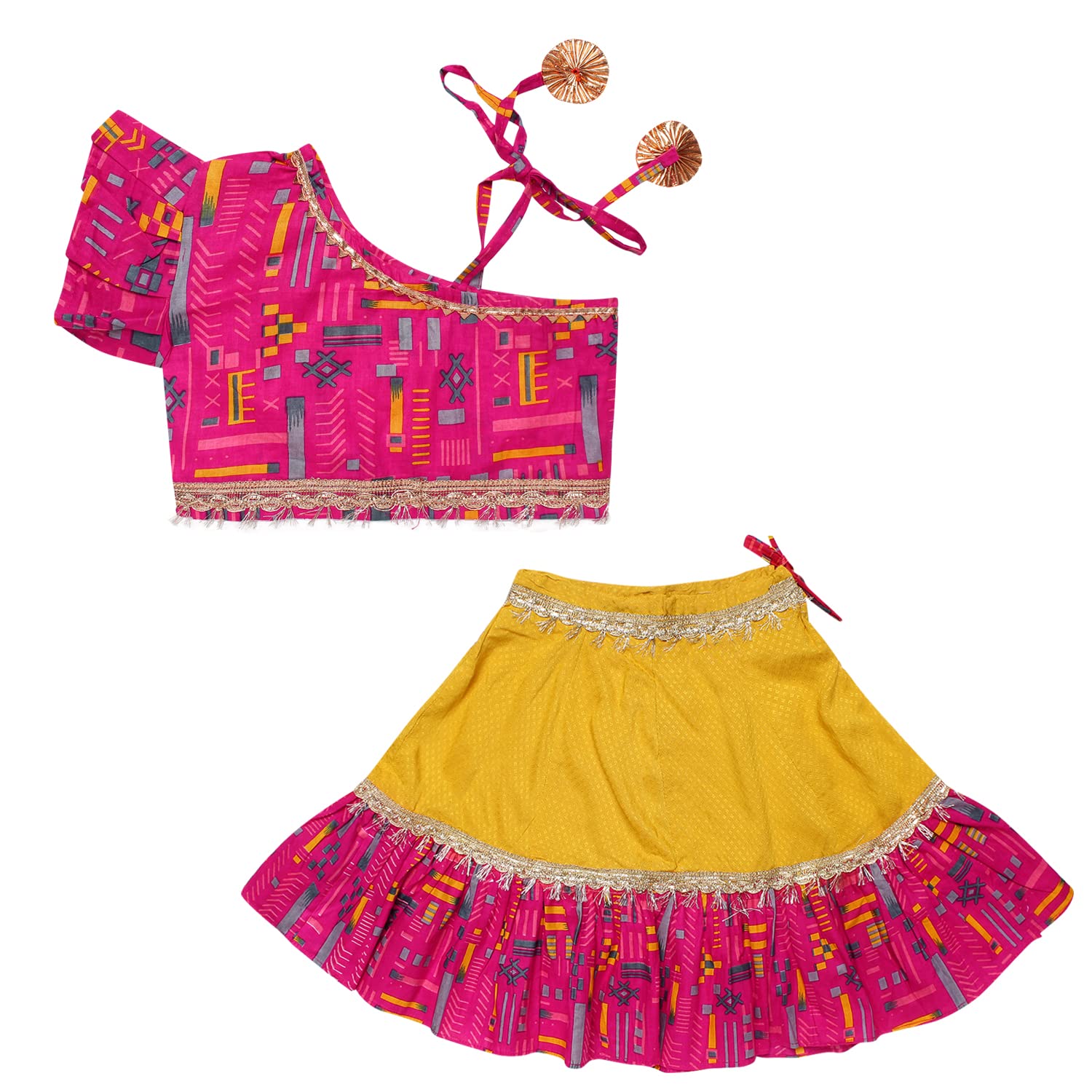superminis Girl's Floral Print Single Shoulder Cotton Top With Lehnga Skirt Clothing Set