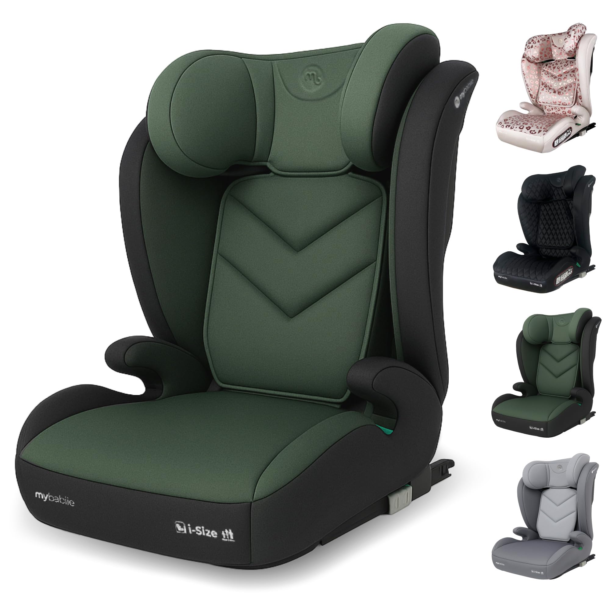 My Babiie Highback Booster Car Seat - ISOFIX, 100-150cm (Approx. 4-12 Years, Group 2/3), i-Size R129, Adjustable Child High Back Seat, Padded, 10 Position Headrest - Forest Green