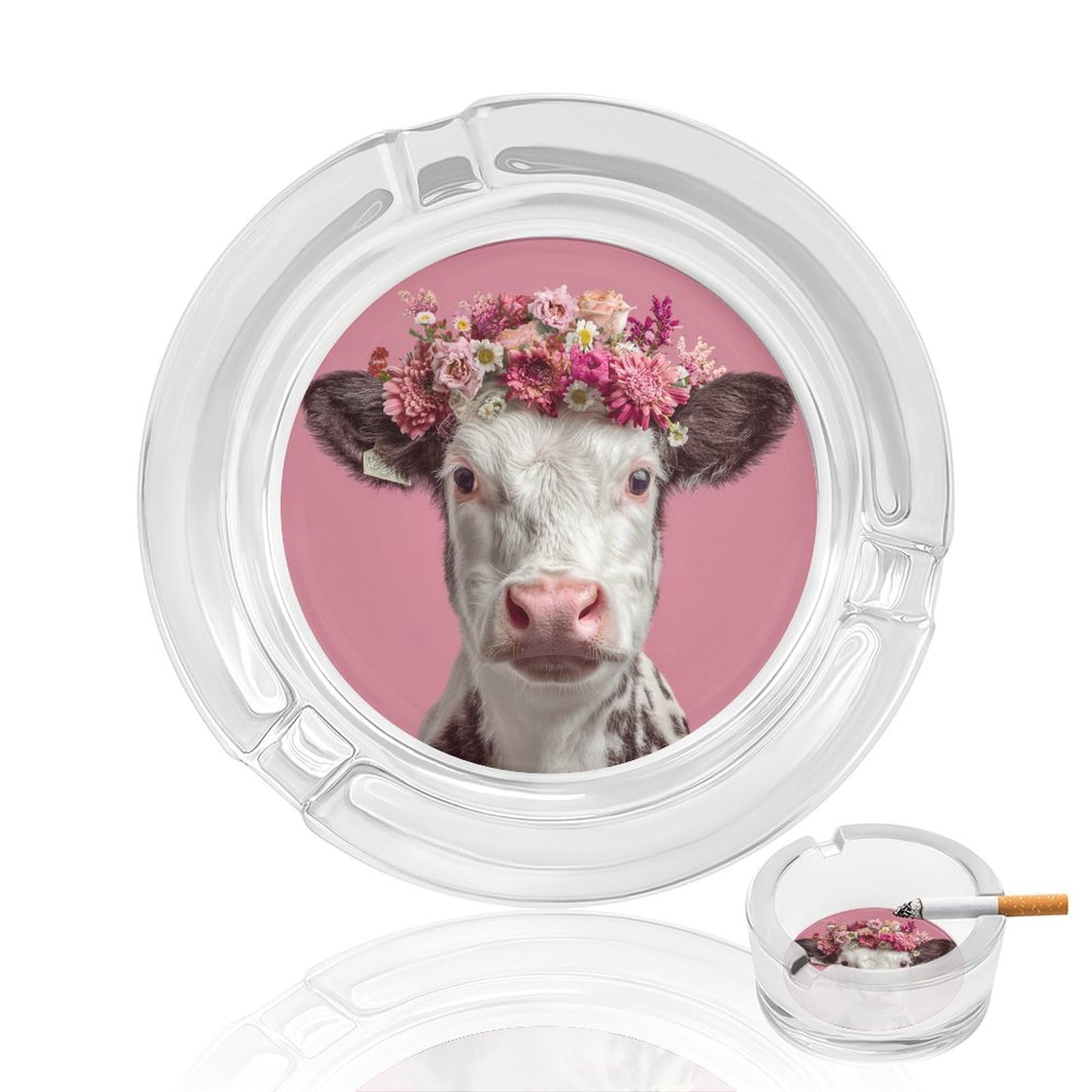 Flowers Cow on Pink Glass Ashtray for Cigarettes Portable Decorative Ash Trays for Home Office Decor