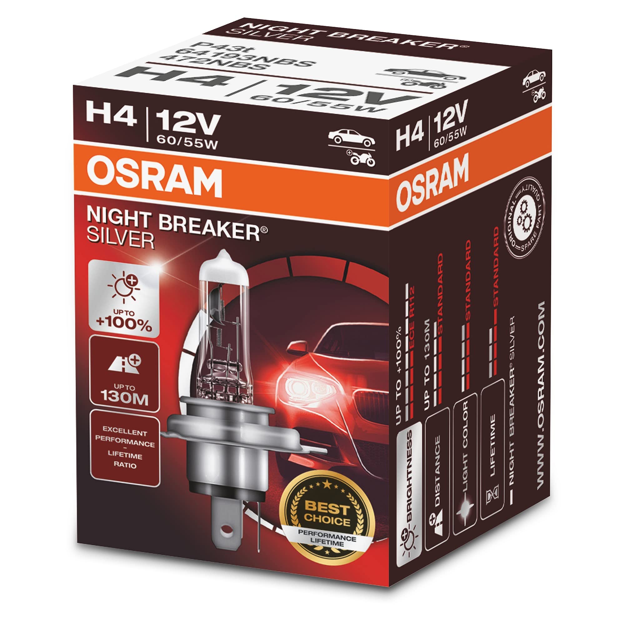 OSRAM 1 H4 B 55/​60W 12V, NIGHT BREAKER SILVER, Estuche plegable (1 lámpara)
