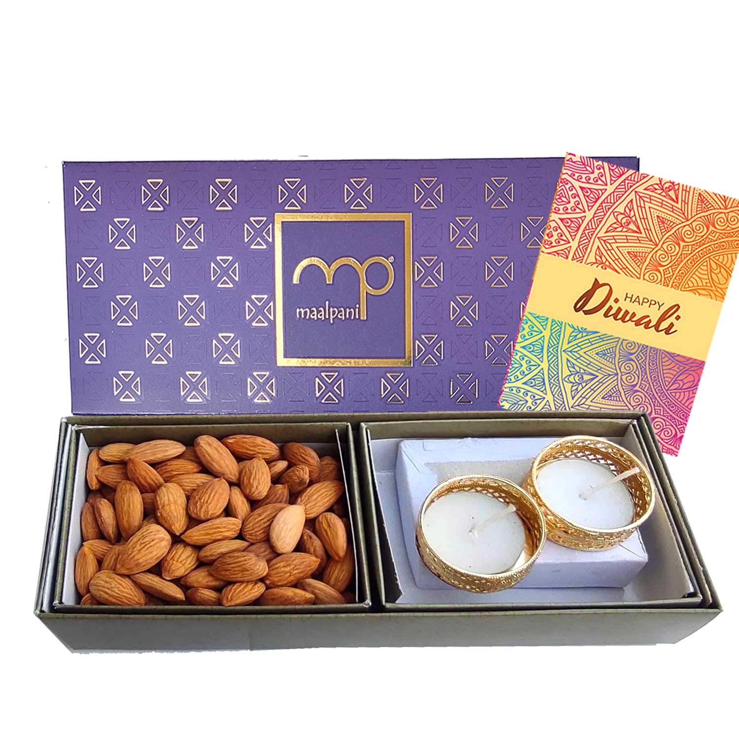 maalpaniDry Fruits Gift Hamper Box, Gift Hamper Box Pack, Diwali Festival, 2 Tealight Diya and 50g Badaam