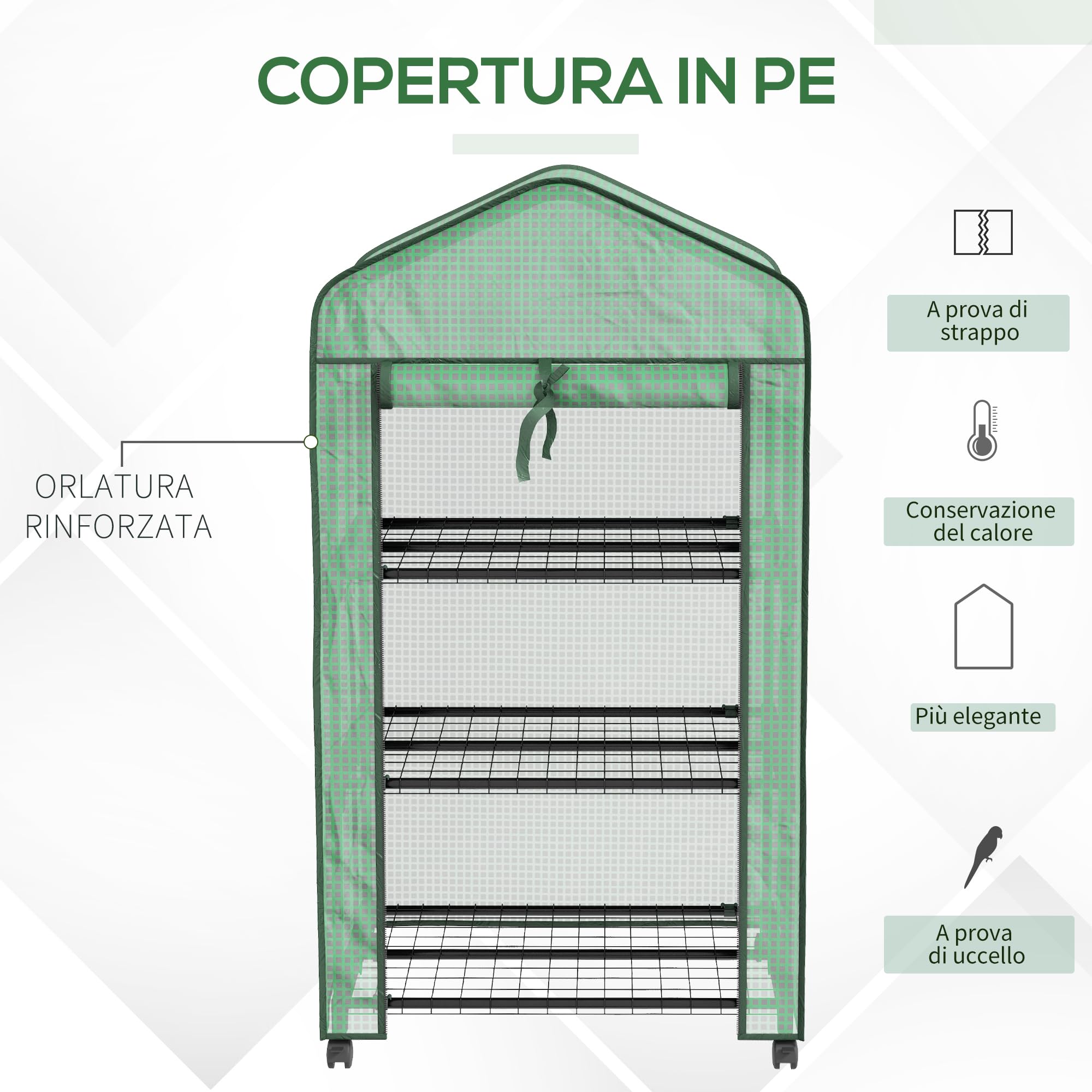 Outsunny Mini Serra da Giardino con Copertura in PE e 3 Ripiani, Serra da Balcone con Ruote e Porta Avvolgibile, 69x49x130cm, Verde