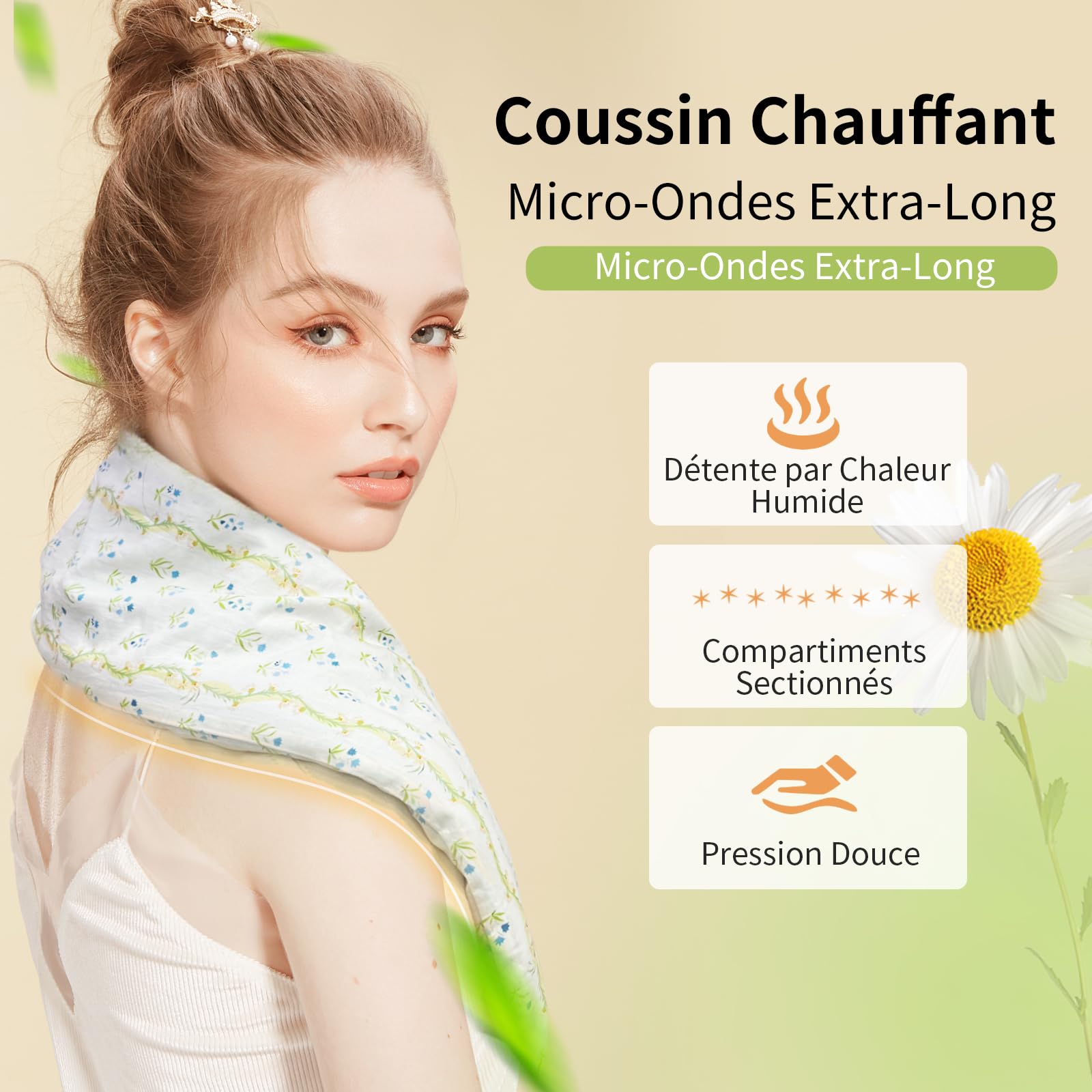 UNCN Longue Coussin Chauffant du cou Cervicales Micro Onde - housse amovible, Bouillotte Micro-Onde, graine de lin,noyaux cerises（Bleu）