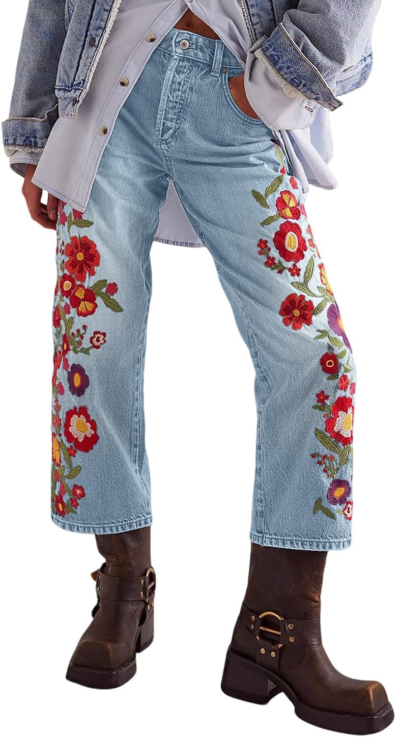 loveimgs Women Baggy Jeans Y2k Floral Embroidered Crop Denim Pants Wide Leg Mid Rise Jeans Cowgirl Sweatpants Trouser Pockets
