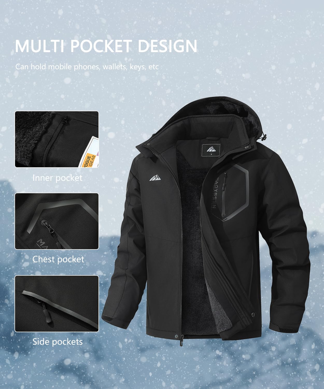 Men's Mountain Ski Jacket Winter Snow Coats Waterproof Warm Fleece Lining Jacket Parka with Hooded