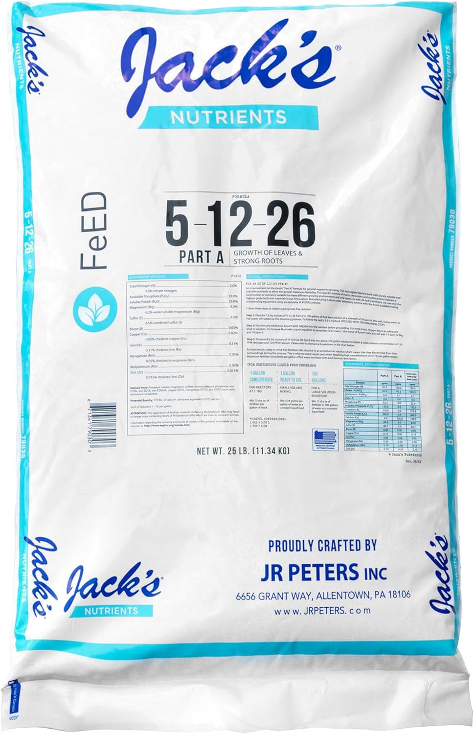 Jack's Classic 5-12-26 Hydroponic Fertilizer Part A - Professional Water-Soluble Nutrients for Leaf & Root Growth, 25 lbs