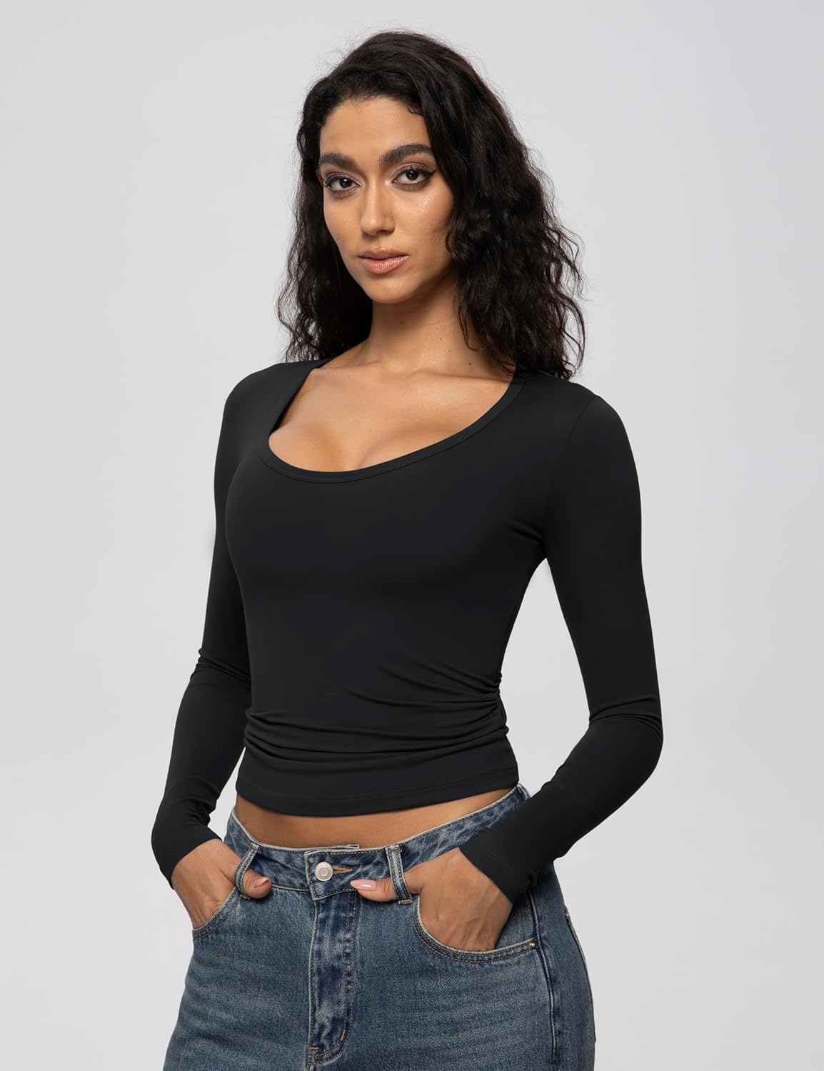 ENERFUL Women's 2/3 Pack Long Sleeve Shirts Scoop Neck Slim Fitted Tight Basic Casual Going Out Soft-fuzz Tee Tops - Image 2