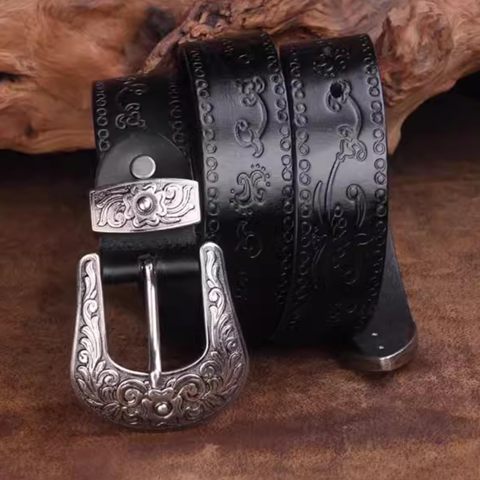 Cintura Western Country In Vera Pelle Con Grande Fibbia Vintage, Rilievo Floreale Per Cowboy Cowgirl E Jeans, Larghezza 35 Mm