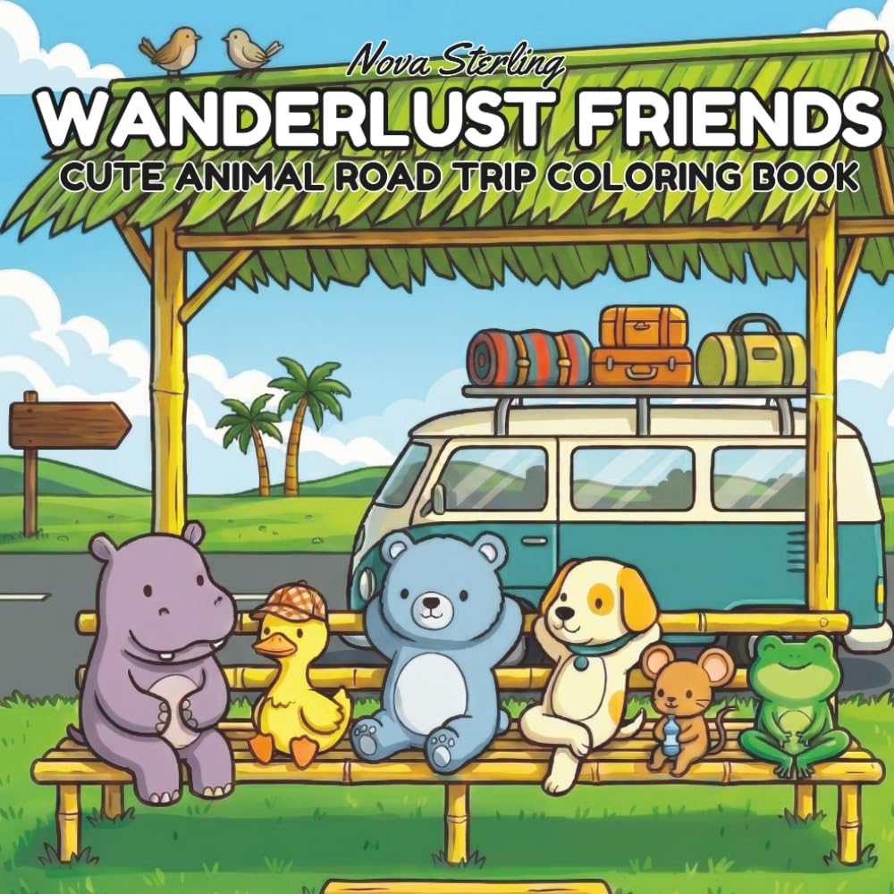 WANDERLUST FRIENDS: Bold and Easy Coloring Book for Adults and Teens featuring Cozy Travel Scenes and Minimalist Adventures.