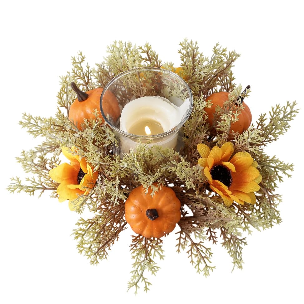 mdgfge Thanksgiving Artificial Pumpkins Sunflower Candle Ring Wreath Fall Mini Centerpiece Candle Holder for Thanksgiving Party Farmhouse Table Door Pillar Decoration (1 Pc)