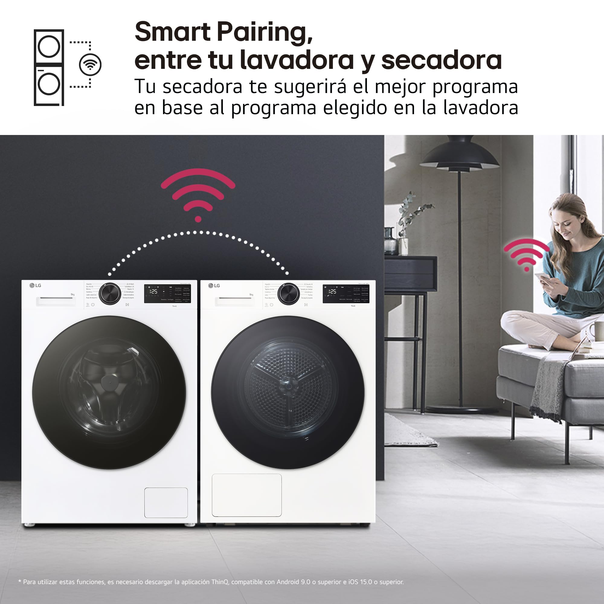 LG RHX5009TLB - Secadora con Inteligencia Artificial 9kg, Bomba de Calor Dual Inverter, Eficiencia Clase B, Serie 500, Tecnología AI Dry, Eco Hybrid, Conectividad Wi-Fi ThinQ, Blanco