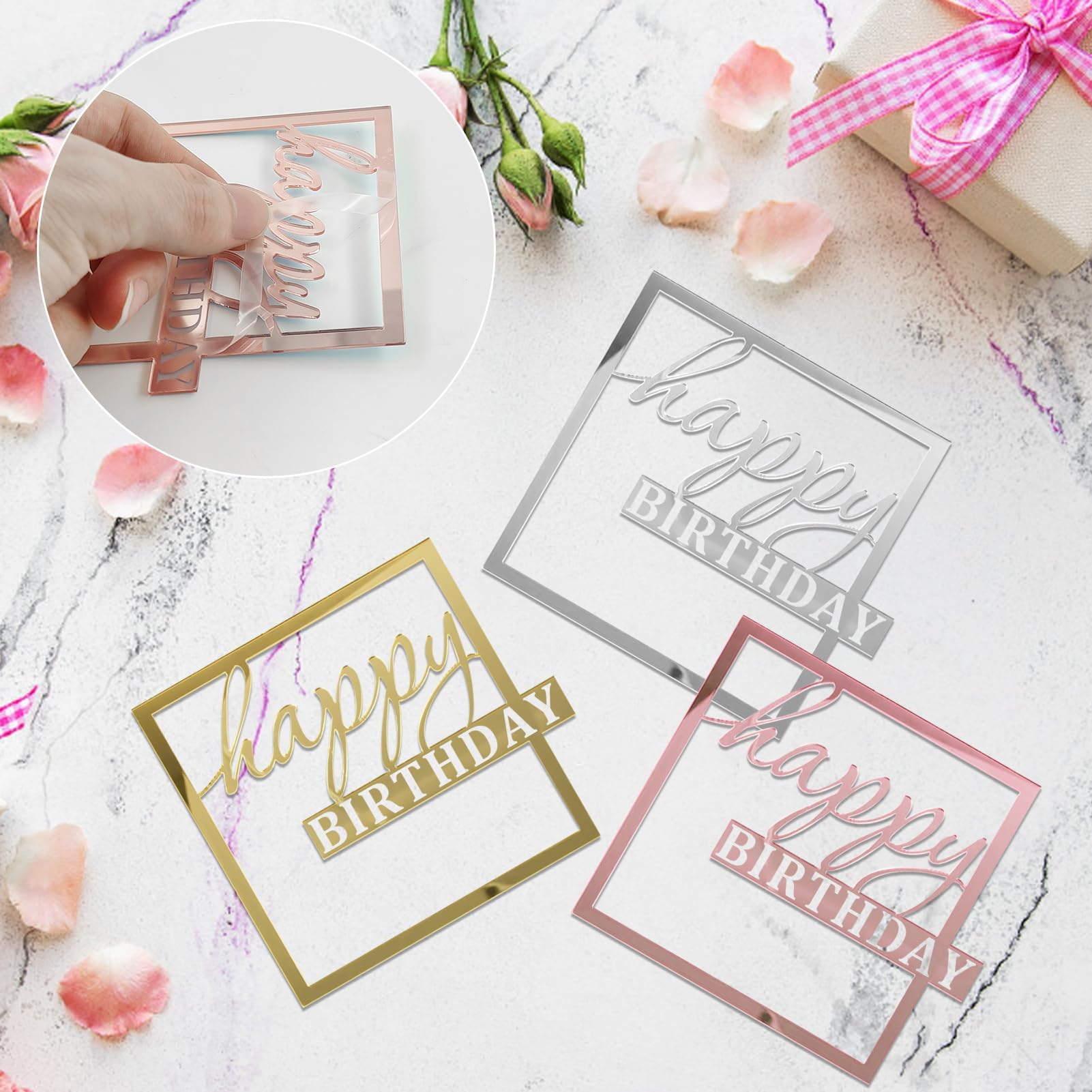 8 decorazioni per torte Happy Birthday, topper per compleanno, decorazione per torta in acrilico riutilizzabile, per compleanno, per cupcake, colore argento, nero, oro, oro rosa