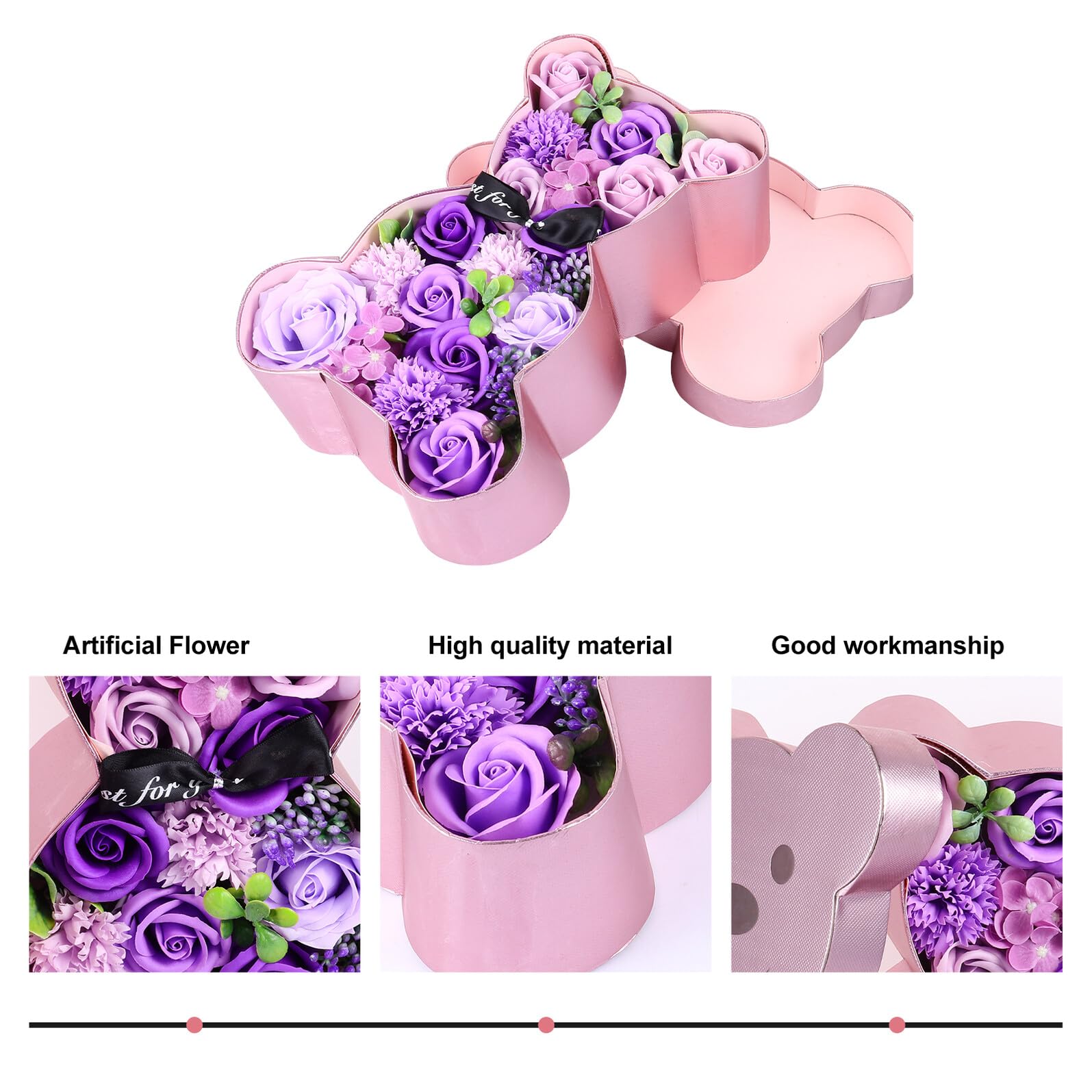 NUOBESTY Coffret Présent Roses Savonnées Ours en Fleurs Parfumées Violet Décoration Romantique pour Mariage et Saint Valentin pour Petite Amie – Boîte à Roses Artificielles Solide et