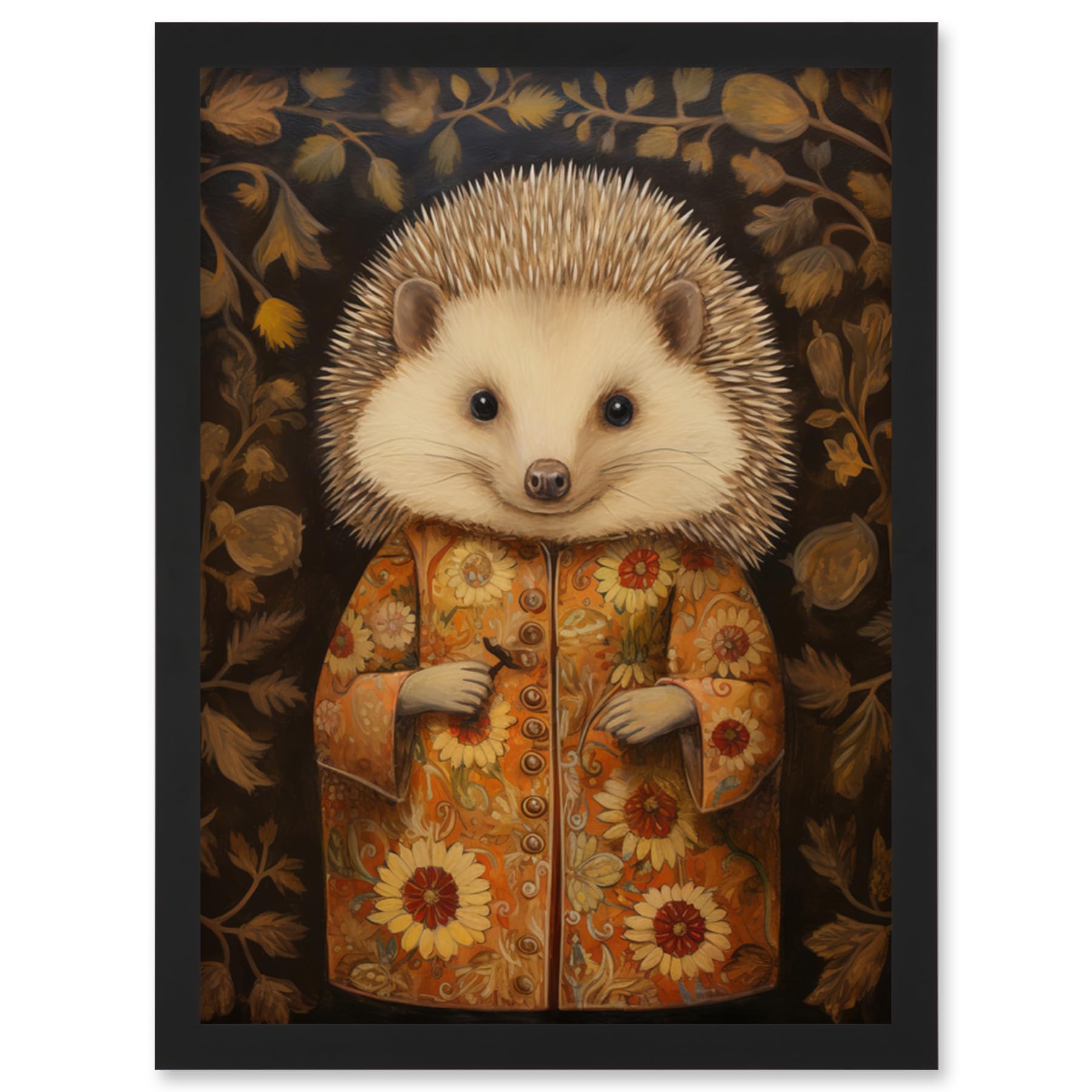 Artery8 Autumn Hedgehog in Sunflower Robe Modern Artwork Framed Wall Art Print A4