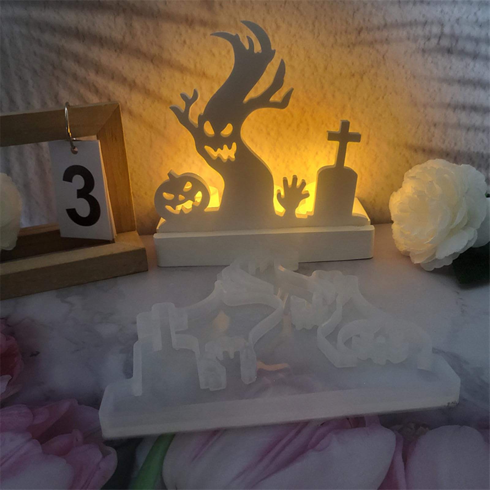 Xidmold Halloween Candle Holder Resin Molds, Square Base Candle Holder Silicone Molds, Tealight Candle Holder Cement Mold, Concrete Candle Holder Mold, Tea Light Candle Holder Resin Mold (A)