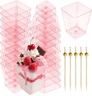 50 Packs Square Appetizer Cups with 100PCS Bamboo Stickers for Party,Clear Plastic Charcuterie Cups with Sticks Suitable for Fruit, Snack, Dessert,Parfait(Pink)