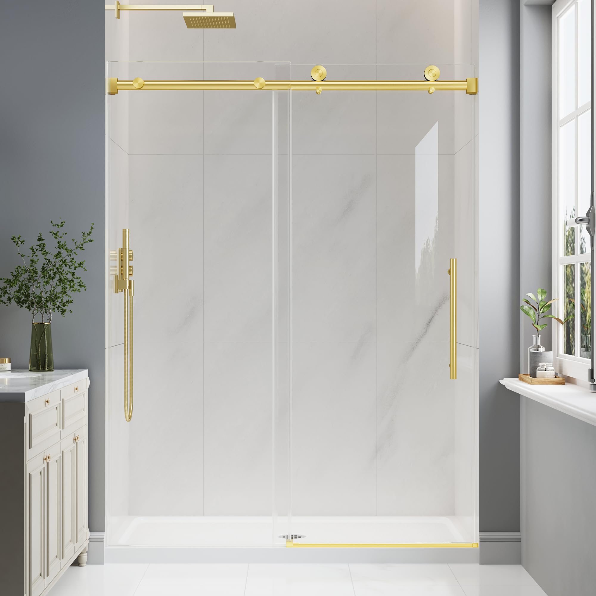 Frameless Glass Shower Door, 55-60" W x 76" H Sliding Frameless Shower Door, 1/4''(6mm) SGCC Tempered Glass, Explosion-Proof Film Nano Coating, Stainless Steel Hardware, Brushed Gold